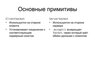 Основные примитивы ClientSocket Используется на стороне клиента Устанавливает соединение с соответствующим серверным сокетом ServerSocket Используется на стороне сервера accept()   возвращает  Socket ,  через который идёт обмен данными с клиентом 