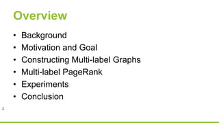 Overview
• Background
• Motivation and Goal
• Constructing Multi-label Graphs
• Multi-label PageRank
• Experiments
• Conclusion
 