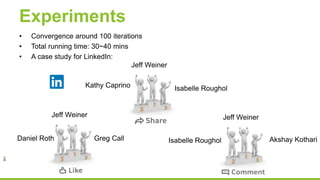 Experiments
• Convergence around 100 iterations
• Total running time: 30~40 mins
• A case study for LinkedIn:
Jeff Weiner
Daniel Roth Greg Call
Jeff Weiner
Kathy Caprino Isabelle Roughol
Jeff Weiner
Isabelle Roughol Akshay Kothari
 
