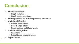 Conclusion
• Network Analysis
– Graph features
– Graph-based algorithms
• Homogeneous vs. Heterogeneous Networks
• Multi-label Graphs
– Node & Node labels
– Edge & Edge labels
– Constructing a multi-label graph
• Multi-label PageRank
– PageRank
– Pregel-based implementation
• Experiments
 