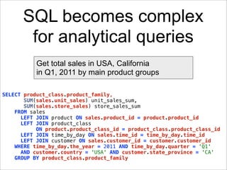 SQL becomes complex
       for analytical queries
           Get total sales in USA, California
           in Q1, 2011 by main product groups

SELECT product_class.product_family,
       SUM(sales.unit_sales) unit_sales_sum,
       SUM(sales.store_sales) store_sales_sum
    FROM sales
      LEFT JOIN product ON sales.product_id = product.product_id
      LEFT JOIN product_class
           ON product.product_class_id = product_class.product_class_id
      LEFT JOIN time_by_day ON sales.time_id = time_by_day.time_id
      LEFT JOIN customer ON sales.customer_id = customer.customer_id
    WHERE time_by_day.the_year = 2011 AND time_by_day.quarter = 'Q1'
      AND customer.country = 'USA' AND customer.state_province = 'CA'
    GROUP BY product_class.product_family
 