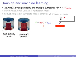 /38
Kevin	CarlbergAdvances	in	nonlinear	model	reduc4on
Training and machine learning
1. Training:	Solve	high-ﬁdelity	and	mulGple	surrogates	for																							µ 2 Dtraining
2. Machine	learning:	Construct	regression	model
3. Reduc(on:	predict	surrogate-model	error	for µ 2 Dquery  Dtraining
D
41
= qHFM qsurr<latexit sha1_base64="gKaU4VOrV9+2Ym09McJ0nU/o5ZM=">AAB6ZnicnV1bcxtHduZubism2XiTSuUhL1OhWSuVIZqUaHvXLqVWokSKWV1gkqK1FgjUAGgAIw5mxjMDXjSe35Xfkoe8JvkTqUrfr6cbw6h2TWD6+845fT99unswLtKkqnd3/+MXv/yzP/+Lv/yrX93b/Ou/+dtf/91nv/n78ypflRP0bpKnefl+HFcoTTL0rk7qFL0vShQvxyn6YXx5QNJ/uEJlleTZWX1boItlPM+SWTKJa/xo9Nn3zYAKaWZ5iap6XiKUtYMpSuu4jZ5EIrVE0/an0aBGN3Xz8vB12z7kCeN0hWRKtSrLdvTZ1u7OLv0XuR/2+IetDf6vP/rNzf8OpvlktURZPUnjqvqwt1vUF01c1skkRe3mYFWhIp5cxnPUzFZpWuAP5lOUrZZJjZbm0+UqrZMyv+7RD9heM3lVkNxemg+r2TKuF+YzmtN2c1t/9uzt2zfP375/OInT3Ez6QARUk/KiQSucCorS4fhjFi9R1ZteJUXFPlZXc/ahjnFFXjQ3Lq+JlxXR1MN/q9vlmPzNi6xHntV5nlbEKvmlQrh2Fvl1nqW3JZpVpqh5GReLZHJjPi3msyLN66onPlBj2k2zvFbjSVyQtoQTjBLCVYcbHpoRAodgK1bFB0yZJfNVifOFP2IEbnrY0CdVsiyo/G2gQiJT7QI35ZIIj9i/7SjJalRmcRrRJNwdLqM6jyY5fpzV1eaAPqYGNJv3aHESTPWkLleoRyWM8xs0jejTzXvbRKoGm8VpxXH0qUJOcMOjj56QvtDj5uCntIcxVHR/nIzTJKcFfftg894sSSESeRLls4gkC/nkD4NipT0rs1x6hSa0fHsR6Rv4D6onO1jNqkyVljay1bw7eSUkLOMk7UXXaPzAKv+4HqN5tUja7WhR18W3X345qeNsJy/nXxaX8y9F8uY2pj2tn6F5kj3nnbkRD04XSZGv6jdkjLCePU+qSVxOW7PplSitkk/I6nO4hdcL0sdxbx+j8jqpF0nWoJ9WtKTbhpcCAaDrSb5cxtm0Gfzx7KD9sHfRNHSMYqPWM1IcDU75Ntraa1uiR6ccvHQYJ3gAbA5eCrwB/5NPwZ8OQPzpqkoQpzD4VZKnqG6b01PYoBJdJegalU8NFhmUmxD8mQGnbaAB7LGkEwQMeOYD4NnoBJ2geJpkczBjTKtJGk+rFv83T6dk/KKjs5GM+z2VNRiT9tKQ72Vy027tDRBOF19b3KDfINwdgbHRklgl84xJJInlsqEP7m/tPSCDToSyKzxbZEs6XlBmvUC4py8b/rdtzviHD7ypXRiwSV7maRqXt7ilyI8wNEXYprZ5Rf/AEPz/uLxsccujf420KZolWcJa/XP12cAUZV7kFQf1tS+mOi3XhJLPcJ0UcRnToYrw8JO2+XxQ4W5Wos9pST2Lq2Ri1ebJCStalGEvAJECZsU8Hjcn7bDBzTpyGt7JCZ5TygBvNCAAD/vNm1ZC37iii3RVhUR/4RGbxfWbvKXinQQmr9nrDdIpmRlxWwToP6Iy58jdADLJhMQnUiDp/QDqFP1kAWGc0pxkwhKgu+LmgwU23z6x+3mczZHRQ9iTQYpmNe4ngzKZL+oHLuvSJl2u4UyTeG5w6IMwB8/lU4NDH4Q58Zi1gZ+39n62Kwp7HUwcThzgVKtBPyXjj9l48IjVPHUazPgKTQDgmI5421GdLJElmjw6xWNe29R2uRCVz4n3HSmUS65qVCQYas91JO1pKYZgIWAIDfok8flqubylRmA7T/N0RYYFy9YqT5mpN/ZoikdsmtNIYiwA9oDwhEOBQMqLrCbDI6kAzh8BTZVCRZbYt6EPdpyRMpGUZteLcnUPd7l2u6fgjwWfhuKSQbbtcnhOUayYOEUVnFtsOvzDANfm4nVcFHjqZAZeQFYzji6elq4f6hAsop+pCgcw7n794MJbT4xv1hZ75q0zlqzXnBTiqT/FMGtRlaqqS5O+yi6z/DpjBX/dgomsSZtYGKlp18BQ2fBk6kIOFnEtdYEw2impcFmQrvxNx+NLsRN8hV6UJV4nMk+0EQ8jWm4RommWUsQJZNzCq9XoBZR+nFWkeq6wA1BUSeq42JZ2zhr52poBp7LZNC2+SiLUagT5KM3HcSryayjssezPKcKrXRMQsMGSNYRGAOLk8iWIsARrqWzFGkzai2FhayUJttHlD+EGwgbFAnt4N6R5JOkU8UL2A82OzJ4NoVHSFF7kU/qAPSat3ovurCGrsGuPpsQ7ddwy+lRDuMmHOIVADkgIoryi5TnIyNMKQDsjpxLtRXtHW43rJQfM43Lt8iYyz2PS8LHvETkzM08+xR2agBwAM+p5glc0TuXQlHwZJ6SZvl2ieWy7KOd04u9F0nVrlUEuVBgBE3jq5j2Td0ziGzNWLAaPZLe6L+kP/ExQr85lALr0M0RcI+JI4gnvNVtgSrcvjDtrnUfDM6s8HNHh9LMgoF8mWd3VOtzRsCP86MJJwJ7zd1uPHqyhi+kIy9i/aGIyCW09wivnx99t7dsut0V9SeJucsixS2A91Ws5TZXmr5VjZoGZE90pJ15LwjS47OweWebXVdt8ItEMFt0i8TnyMEqyCC/pIyk1YoEPa0jIxx+P4vRthpimxxfNbCTa/VHvmEQ5em5BMdbZdQ6zwrQjlMls6bStfU77busxwHx12j+SduLSnA0zSe4zS4Eq5URpqktcw5TWPraZW489TLy+rOoSj4S1VbS0z01aoICBLBtS9KIGpHQVoxe9KyZUAUqMXQ9cTqfaMKXolQJK6SZGryFIjF5Ptmtf4yUxiUpVrQw9FquSbCcwd75fJe4KWHCUVvmIOiH3XYsNDs43y3N3mjYYfIWJ2Jvm4wFmkuztf7f11QN7uifhuCVfXS5XLZBYiZW4ggKoVqIhETwYwORkoBrpF4jVwnN7GON6SLWt7GyQiAN1WuygxyzJ4pSkto09Y9Z5LZI0GBDJ4JZ92O0p3IU9q2XkKXMXJehLEnPZ9MCwPXYukmxKNk/zklXIsROG48kiDKehWaTZdO9Rmk+S+pYJs31XkXqYrm54/euE4WAmEjxS6S4xyKxUEswFYhqRzz6GpdOsaKYqbtCwrbfG9YAFXSdKbADamlsarIe7woIyVJ83HsPznZlPrTZ4udytVnjJ6nUDy9HrCBYlohVGM/KpTarJGek9tGGKp/CClie6heSdV9ZRfPi+GL4knA9HYYInI+vIWsxGLzIoaGNQ1GTr0PBo36PFARdhP09v71DiEn7MhJssX7beFjUfvUXHmJfxLesYV95+IClhmBBOZjuGvV4HpZEu0xQS9nLMXS8GOygtmDCy9z8ADLMYIj+yZyCEJ+dxik7JXqWc3Q79KOyDtcYD5X7ZuTJZqn+Yz+FeomGIh+RR2Q+oJDTlnFkJYKiF7Keckn1cVtnvWn/WNBj+PF/GASzdntEI5wFstkpT7s1R7I9d5B5iUsui9FxBFw0260eLBZdNXyscGn2jtTO046ISfkYC/RDhwokR6OJloQZ0UPxxdiU0gJyLYfPQjaSKkuuLQeDcVuVlyAzZFDdDsqj7Wm0GMqSUhGq0v47ILPRRqZn3PHaG2gTTG2Kaim0upDgvsbv5/SrGfieeAbDmT6iOwxoNypFNOXL3Pki5HIh65m2EWKb8NE/blaR3Ybws/QNWfHq5e0my5AzSj2ESfnRF50jiTw+/sPtoXtaLnJ4dISPeyUmz9YjtmdKTNdF2NM2z39bRqkJRVaBJggf6LOeHtWZ5ib9c2+HW1ZgGDU/QjDULvhFF5zAY+pYYoQ9h37tVonv3oCM3bJQrGVgZeDwU4aZqXgoQ49LR52jium8kYa3XR0Cga87cechJNTK3TqzXMs1pD5jHfG1fGWtudpDv8wQl3fQHA5LA7LCkjnm5e2HruVwvOmChU+RWDzjHrhHb0yGDDLir7q4xxVkCcP0ZXEeZi021MvI42NZ2DVUp9mog1UHdkAXsmWZHgC93hJUNJPriXylLmls5MmltC+K2g8tB/269ifDp76jcWfVx9prlm04O2t5NELAaVFUfWhNqdDkefACbIR8NLjp0A7FRAvQCLaaxVkKoXilgfeV6AiRaYsdqplhPXTM5nepJE7M+Z3cQ6a1/Wd7rGwG0txQSpk/EIblqSS+W50E45ENow1gHT0LJCebmbl6F4oATikru2KBgh4DPe9oQas9/RgF01AU7DWahrncddFnBggXdiLVFG/AndMCdsvz/LWCtMPzuAdmaVwFU+4S2SLVKSieFS0cgz+mRTGqoodEP1wIz6qG33ARGlFXIFTMN8Jnglrqd4i9UGXwVR3CoXmpD5A2lyxM4Vrthz705r2JyS+d1LI4eOMEnCXCPLEqqcx6FplRk46gpfKmlAPTIsSeoOgVShccZPBQeF5yKd3fG8HdsgZ/REZehQ01M4O3SyNpR4e5jFnnKjv3hZn9M5zPc3n3nEwiYbZrSte4xvMnKRR6ia4ZSUr3iCNbZ2SLJL24Kad2IHsTtBa07Xmr4xMGbLnpK7hxkczSmy2bCeSUYI747autwKQPceKej5uOTvV70EWN/2sTM4dajwayMJ83W/sOt/WGTfbH38GPbNuTz1h7+gjEP5ZeP7OD2559j+wwFuM6ay7ZJyA4mO0PvattO2uElU1Y/rJUq/jFptYdUh9V5VGBBHIL0AaxjtuSR/5Ste6b0JvEe473bdoJBMY0ST712rdkwMK1ZI8BRjZ/p2je3I3rYMxrnq2wa/cSCZwmqoCo4fPtaEyauoXhycSRXvPzAoxaI85Jo8BNm9f2sE8MuTIKQ9ICoNIre5e1qGqUq0zxc2EDKlQaaVAg/UwdGzBHasxdyyu6H+kkOg8+HikFPfdm+i1RnDkfqqMfT00Ve1pkeEmYHSkhgdg3prG3uu7QHTpQc0GZrWq+osxI8zHeVj6F3FX2Qe8oqxLhzQd2tmLoXEvYt+iW6knc+yINh9mFrr8keXrbq/hX+utfadzUwFg8dlC8laUOKi8bdlKPFsenhmSKaR6lJl/ZKONAVduQ9T2azg1b0VZ5XY4TIgG0jSZXMbiwyrLC83gear7T5Ad2rghCe7NHhClbntbIftJLQ+jCvR6cCyd50+GzMMVqQOG1KLwXcpSnhnuEUGOmP3rKiiYYRznF8uBWizC4qb90zqFk8jVUqppOWFNVkkdSfyPn2Gs+6EeZexkVhnywnu1r1dR5pt/KcnXra2vOPUSuuckbnFoI1MwPSd8YFATqL6BUsCaPbc+aQTrx1cnUWEbyS+YMj0wLet/YF7W1CacMX1s6l3NLV9o/14KI9zREZpEpwViJ2d9AxbXGQIwIgBbuA5mIGOIhkm40CsD4XtMYfYOAjG+xxPNjFImEnmbHVdSPqqQ6BJYvO6gM0ZWCvg4SjgIQjr4R5jD/odtMHnUw+4K4JHng7ZFYp0niOMnLzJ9Jvkjyku5yzZOJ3eY2bJ61xlTUbrZwVLUbXZZ7SeyDNmxG/JeJc2TmQp3srU6Y87pZBd2pOV+MpPc1psbAmwRQaA1y53IYluJKcZbtuhm6UhXsxnSPAUgSI5EFaCzkHkOUYwGYwlsUXYHzVui+HKBA5+XqLB1JUXtLTvOUiN44OgHh+/kjH9u+IhaB9fjAZY+0GRE6H4yGPXsYXR7LsoATHsP4gCfACgiezlkGliragNIUohhIhpYMqQCGgeL0EQL9jhRtbtEvw34D4oyxBSfAswVgykCGlKUQxlIRLkN/OI8MLvQcGpVohtQjGxmkyp6+34AHLZ7aJEsD3g7CNNMrcc4dgCXVim0pLmKJ0CKs1XSbzsswzNLlEpYDjmV3eHnJbCx6/1ZEgUjn2EX4HpILkzhjvYN03yYBKoZiSg3vHrz9TX4PdCwNkdRJFroHTvA53u0CZSo+UzgoD5Uaiwmt7HMPwziAIcDdIxHVGItFu2TJR3DWQWHC7ecLd77axHW8RTm/sC5w4Qdsk5TConGhsnhaJc8OcrRfZ6hRMUvs87DsticdAYbBk/9EXocpPs1Wpzew1+mR/5xs7HfXphyUsrdp5icd0p8UJbmOw2u6mKzKw3NUODid47iCJumQyH1n1CTmcgmHYbzLg0P8SxcQNMV7WQp5BQbqPpR77JV8+2nYk7M1VRo0nTvMuxYRgvYfDs1ck4WYDdw6A2O9ZcDZyoKv+Osy4ChPC+k8TNZzoYxrNxH+Ex9IEsDpwjeamBPkbnS4ZIHcX4bZeq7I8bRg6reNj34fPZtDurs1XoQJybzO5TTHIhRpk8ESKibKbHLch2IAoEWgP3gNDJgKoVilxXa2qLANVa2Y7WL/QQZyQHFXT9iqbv+/oCN5rTOKMTWdien81kpwAQRllPGazPnyWIa2KOTPllVcyX2lptkhWiKKq2nwOVbWJgPIhJIbPN1H/9ZzvvLAiZAFEsRvjv61hU1V7s1PUQshpJqDfwLxPeFR2O0WoO7gdoUMXMH0Lvju11iZg+Naeh+wDRmFLosfWIp9SFw98WzBOnKNsBI8xOJEdlQhT9YM7gAhxOiMkxDy0YYqoirhOyK4FXolVNMg1dRbL8lSSfeFgJk4kKZddjCXugDSzTh/5Th7JU0esDvl3aHinIvjbTMICGcqQyR75xHaxku0l+PM/FN328NxP17NqamQjchcZ1AR2QRKbEUkRGrlXtP5acXaDpQ0B9VdxmZDXHp+ulm9xRyFXud+Ie5BxB7CMKLtSPDEWYhSgDK5wW5HD9kSGyFZLnKp26lz1kgBZbfIJ1JhkohxhxCkA5vkofR3YHhmurLAw8Vol8X3IRpkg3s0teRpUI7tm5u4HjuPSXEKTnRWwN9JB38SyTUMQzUY8tfe9SNzX64p9P23KK0nUxaCADFK0oqcOigV4UEhgNY+LtD+OBl5ww22x394l3xEGD+3yFBB8GgZNmSMBnG7x49XEeZfzOhjGnS3gOIxfGTsL4SrqHYS0eFh9P8vNVCgnvhNe3Q5diYNVbaMI0GW4TFWu8woz8nsFFYrLyYLtALA329UxeCX5E3mtLWvrzjshkyliAUqWfuxxX9Fr8hsARZqgUn/TCd9V60AS+DRejqddCKxlAgn89qvTRGEZjqtupQdcdgt5mqdX9D0q5HDi1Gvy1AlhB8QpVzIAgic6gMA7mL/MnJ7mEULVBktuzWpHh64XBjZaPEKqc8hh51fi3I1AVLFLYrIvjbwRrUyIcRnhA9DUbXZJgTPQxM1wCdYxaHsy1O2Tax6dz7dkLWO9pSpliLnIKwI2g/HdbHjMcL0v9UJX6ktbI6U47G6sm0h8UyV5lkwy3W0/Dt/bdCTIXH05AkILL4mzl1+OlNDt0jxd8b7zM9tup/6E/TruiTxUwGNn0LsnNRD5eQgqs9GEOlLlLr4VFBZHFjxgTbieYV3YGn1AKLqjcs6UJgi2q/1n592VtBWLW/PsMunxiMUDyQ0d8pf3Gidir27bN+Zt1APXT0yyqzCB3Mr3yWfv3TWjlCPzHbZerhN7DxuqMd1914lnj9dR51CViHa9DH7UVjB5jEfY226DvaXirn2E16MR/G8b5Clbmytl3HqeU7DCjrYLzy2hK1/JGDxvdUrt69ne2iFXFXzb+HM8A8/FaSf9WtsLR6WGdVWhDhpCbZbqW0f15xB1ySETcpDHZYXOcva3DJjz2zuKCpr3W9/hBm3CaOxtYZZGIx/e19RV6kaleAM8I4G3Wmgai/9YYgOhH53lKBLC1qnTgla6lcPGCFqJQIY7imjB/dfAICMbFzkLSPE+jAq/cSRkuYKLUVqTvHaQtjo1O8wv2HbmsOeLSrxAELMaJuTAjM9hauKX+bAFQPnhGP110my9F4bZOmQC/BsRobdlA4b7zSUFlyLyc2J3IOmZOwIy5+bKzo7p2FJJ9lETgx+imm9Qs39NgCMMSeRNZlCxSn9H/aAJ4ICFvSgnhmj6g6E6cNRD2j3K3SLnPlyw5C3bfUJcYWA+pDQeBiWRR+cyoY5hNUf6q6jHMNgtl8NAbZLbLw35j/mYRhzkUVQzjUUD6H/dhAlesU1Z6sND+wrA0ZunZ1gs+a+bwJnkI8ykAJE7DuM/Emb2e7KVJF7dyg6wGukrYwXpHMcjQ8v8lguhPc5qiGVeVXGJYkZ/ajvheOVIDtmw1MKuLH7me4HoRW1o0GP6C1Qu44oeYAZ/2kMImseVOj924oLI+3IrcrGS2TOxp4d4smApdguo0ZJuVsis2HXG2tYrlM3rhbsVrr2X+Kxkw7D2iE9Z9BS6EwdgT5sgqEA35Jdp+qOGfnDCADWuPuP3U97bRZPFRbXIaxE/fO8E/qmEd9ksT6dqf+w97tO0zYFodtpOqLRrQ2JsoSdBodo7ZX0vwDSBtvjDoHi+3ShEv/SCbLEvg2JFZEIKPg3AbNGnSrR7E5+0ItakKJ69VYZdng80mMtlfEMDopccRb6TQxHit7mIAOC1CuSqT4WXizgb4nez+Ev3TBy9KgQAXe8VY67i1IKJN//Byq/QhIITVUQr35FeEYcx5vs/eiMqYnKxuQGCfN2eJYcMlPQHEJG+rdWUczx47Hz9uLfz+Ovezt7+7/ZbE6fHXjl67+v93s7Xv/vmq97O7p4FpzsiHIfTyf8sBH/DPMfsf4XV7v5+/5vezv7+7zG0RKbrs0xSPNzP4lVKf+tqJj6PPtvas38e2f1w/mhnb3dn7/v9rT/8K//p5F9t/PPGv2zc39jb+GbjDxsvN/ob7zYmG/++8Z8b/7Xx37f/8+nXn/7x0z8x6C9/wTn/sGH8+xT9HwKpkaU=</latexit><latexit sha1_base64="gKaU4VOrV9+2Ym09McJ0nU/o5ZM=">AAB6ZnicnV1bcxtHduZubism2XiTSuUhL1OhWSuVIZqUaHvXLqVWokSKWV1gkqK1FgjUAGgAIw5mxjMDXjSe35Xfkoe8JvkTqUrfr6cbw6h2TWD6+845fT99unswLtKkqnd3/+MXv/yzP/+Lv/yrX93b/Ou/+dtf/91nv/n78ypflRP0bpKnefl+HFcoTTL0rk7qFL0vShQvxyn6YXx5QNJ/uEJlleTZWX1boItlPM+SWTKJa/xo9Nn3zYAKaWZ5iap6XiKUtYMpSuu4jZ5EIrVE0/an0aBGN3Xz8vB12z7kCeN0hWRKtSrLdvTZ1u7OLv0XuR/2+IetDf6vP/rNzf8OpvlktURZPUnjqvqwt1vUF01c1skkRe3mYFWhIp5cxnPUzFZpWuAP5lOUrZZJjZbm0+UqrZMyv+7RD9heM3lVkNxemg+r2TKuF+YzmtN2c1t/9uzt2zfP375/OInT3Ez6QARUk/KiQSucCorS4fhjFi9R1ZteJUXFPlZXc/ahjnFFXjQ3Lq+JlxXR1MN/q9vlmPzNi6xHntV5nlbEKvmlQrh2Fvl1nqW3JZpVpqh5GReLZHJjPi3msyLN66onPlBj2k2zvFbjSVyQtoQTjBLCVYcbHpoRAodgK1bFB0yZJfNVifOFP2IEbnrY0CdVsiyo/G2gQiJT7QI35ZIIj9i/7SjJalRmcRrRJNwdLqM6jyY5fpzV1eaAPqYGNJv3aHESTPWkLleoRyWM8xs0jejTzXvbRKoGm8VpxXH0qUJOcMOjj56QvtDj5uCntIcxVHR/nIzTJKcFfftg894sSSESeRLls4gkC/nkD4NipT0rs1x6hSa0fHsR6Rv4D6onO1jNqkyVljay1bw7eSUkLOMk7UXXaPzAKv+4HqN5tUja7WhR18W3X345qeNsJy/nXxaX8y9F8uY2pj2tn6F5kj3nnbkRD04XSZGv6jdkjLCePU+qSVxOW7PplSitkk/I6nO4hdcL0sdxbx+j8jqpF0nWoJ9WtKTbhpcCAaDrSb5cxtm0Gfzx7KD9sHfRNHSMYqPWM1IcDU75Ntraa1uiR6ccvHQYJ3gAbA5eCrwB/5NPwZ8OQPzpqkoQpzD4VZKnqG6b01PYoBJdJegalU8NFhmUmxD8mQGnbaAB7LGkEwQMeOYD4NnoBJ2geJpkczBjTKtJGk+rFv83T6dk/KKjs5GM+z2VNRiT9tKQ72Vy027tDRBOF19b3KDfINwdgbHRklgl84xJJInlsqEP7m/tPSCDToSyKzxbZEs6XlBmvUC4py8b/rdtzviHD7ypXRiwSV7maRqXt7ilyI8wNEXYprZ5Rf/AEPz/uLxsccujf420KZolWcJa/XP12cAUZV7kFQf1tS+mOi3XhJLPcJ0UcRnToYrw8JO2+XxQ4W5Wos9pST2Lq2Ri1ebJCStalGEvAJECZsU8Hjcn7bDBzTpyGt7JCZ5TygBvNCAAD/vNm1ZC37iii3RVhUR/4RGbxfWbvKXinQQmr9nrDdIpmRlxWwToP6Iy58jdADLJhMQnUiDp/QDqFP1kAWGc0pxkwhKgu+LmgwU23z6x+3mczZHRQ9iTQYpmNe4ngzKZL+oHLuvSJl2u4UyTeG5w6IMwB8/lU4NDH4Q58Zi1gZ+39n62Kwp7HUwcThzgVKtBPyXjj9l48IjVPHUazPgKTQDgmI5421GdLJElmjw6xWNe29R2uRCVz4n3HSmUS65qVCQYas91JO1pKYZgIWAIDfok8flqubylRmA7T/N0RYYFy9YqT5mpN/ZoikdsmtNIYiwA9oDwhEOBQMqLrCbDI6kAzh8BTZVCRZbYt6EPdpyRMpGUZteLcnUPd7l2u6fgjwWfhuKSQbbtcnhOUayYOEUVnFtsOvzDANfm4nVcFHjqZAZeQFYzji6elq4f6hAsop+pCgcw7n794MJbT4xv1hZ75q0zlqzXnBTiqT/FMGtRlaqqS5O+yi6z/DpjBX/dgomsSZtYGKlp18BQ2fBk6kIOFnEtdYEw2impcFmQrvxNx+NLsRN8hV6UJV4nMk+0EQ8jWm4RommWUsQJZNzCq9XoBZR+nFWkeq6wA1BUSeq42JZ2zhr52poBp7LZNC2+SiLUagT5KM3HcSryayjssezPKcKrXRMQsMGSNYRGAOLk8iWIsARrqWzFGkzai2FhayUJttHlD+EGwgbFAnt4N6R5JOkU8UL2A82OzJ4NoVHSFF7kU/qAPSat3ovurCGrsGuPpsQ7ddwy+lRDuMmHOIVADkgIoryi5TnIyNMKQDsjpxLtRXtHW43rJQfM43Lt8iYyz2PS8LHvETkzM08+xR2agBwAM+p5glc0TuXQlHwZJ6SZvl2ieWy7KOd04u9F0nVrlUEuVBgBE3jq5j2Td0ziGzNWLAaPZLe6L+kP/ExQr85lALr0M0RcI+JI4gnvNVtgSrcvjDtrnUfDM6s8HNHh9LMgoF8mWd3VOtzRsCP86MJJwJ7zd1uPHqyhi+kIy9i/aGIyCW09wivnx99t7dsut0V9SeJucsixS2A91Ws5TZXmr5VjZoGZE90pJ15LwjS47OweWebXVdt8ItEMFt0i8TnyMEqyCC/pIyk1YoEPa0jIxx+P4vRthpimxxfNbCTa/VHvmEQ5em5BMdbZdQ6zwrQjlMls6bStfU77busxwHx12j+SduLSnA0zSe4zS4Eq5URpqktcw5TWPraZW489TLy+rOoSj4S1VbS0z01aoICBLBtS9KIGpHQVoxe9KyZUAUqMXQ9cTqfaMKXolQJK6SZGryFIjF5Ptmtf4yUxiUpVrQw9FquSbCcwd75fJe4KWHCUVvmIOiH3XYsNDs43y3N3mjYYfIWJ2Jvm4wFmkuztf7f11QN7uifhuCVfXS5XLZBYiZW4ggKoVqIhETwYwORkoBrpF4jVwnN7GON6SLWt7GyQiAN1WuygxyzJ4pSkto09Y9Z5LZI0GBDJ4JZ92O0p3IU9q2XkKXMXJehLEnPZ9MCwPXYukmxKNk/zklXIsROG48kiDKehWaTZdO9Rmk+S+pYJs31XkXqYrm54/euE4WAmEjxS6S4xyKxUEswFYhqRzz6GpdOsaKYqbtCwrbfG9YAFXSdKbADamlsarIe7woIyVJ83HsPznZlPrTZ4udytVnjJ6nUDy9HrCBYlohVGM/KpTarJGek9tGGKp/CClie6heSdV9ZRfPi+GL4knA9HYYInI+vIWsxGLzIoaGNQ1GTr0PBo36PFARdhP09v71DiEn7MhJssX7beFjUfvUXHmJfxLesYV95+IClhmBBOZjuGvV4HpZEu0xQS9nLMXS8GOygtmDCy9z8ADLMYIj+yZyCEJ+dxik7JXqWc3Q79KOyDtcYD5X7ZuTJZqn+Yz+FeomGIh+RR2Q+oJDTlnFkJYKiF7Keckn1cVtnvWn/WNBj+PF/GASzdntEI5wFstkpT7s1R7I9d5B5iUsui9FxBFw0260eLBZdNXyscGn2jtTO046ISfkYC/RDhwokR6OJloQZ0UPxxdiU0gJyLYfPQjaSKkuuLQeDcVuVlyAzZFDdDsqj7Wm0GMqSUhGq0v47ILPRRqZn3PHaG2gTTG2Kaim0upDgvsbv5/SrGfieeAbDmT6iOwxoNypFNOXL3Pki5HIh65m2EWKb8NE/blaR3Ybws/QNWfHq5e0my5AzSj2ESfnRF50jiTw+/sPtoXtaLnJ4dISPeyUmz9YjtmdKTNdF2NM2z39bRqkJRVaBJggf6LOeHtWZ5ib9c2+HW1ZgGDU/QjDULvhFF5zAY+pYYoQ9h37tVonv3oCM3bJQrGVgZeDwU4aZqXgoQ49LR52jium8kYa3XR0Cga87cechJNTK3TqzXMs1pD5jHfG1fGWtudpDv8wQl3fQHA5LA7LCkjnm5e2HruVwvOmChU+RWDzjHrhHb0yGDDLir7q4xxVkCcP0ZXEeZi021MvI42NZ2DVUp9mog1UHdkAXsmWZHgC93hJUNJPriXylLmls5MmltC+K2g8tB/269ifDp76jcWfVx9prlm04O2t5NELAaVFUfWhNqdDkefACbIR8NLjp0A7FRAvQCLaaxVkKoXilgfeV6AiRaYsdqplhPXTM5nepJE7M+Z3cQ6a1/Wd7rGwG0txQSpk/EIblqSS+W50E45ENow1gHT0LJCebmbl6F4oATikru2KBgh4DPe9oQas9/RgF01AU7DWahrncddFnBggXdiLVFG/AndMCdsvz/LWCtMPzuAdmaVwFU+4S2SLVKSieFS0cgz+mRTGqoodEP1wIz6qG33ARGlFXIFTMN8Jnglrqd4i9UGXwVR3CoXmpD5A2lyxM4Vrthz705r2JyS+d1LI4eOMEnCXCPLEqqcx6FplRk46gpfKmlAPTIsSeoOgVShccZPBQeF5yKd3fG8HdsgZ/REZehQ01M4O3SyNpR4e5jFnnKjv3hZn9M5zPc3n3nEwiYbZrSte4xvMnKRR6ia4ZSUr3iCNbZ2SLJL24Kad2IHsTtBa07Xmr4xMGbLnpK7hxkczSmy2bCeSUYI747autwKQPceKej5uOTvV70EWN/2sTM4dajwayMJ83W/sOt/WGTfbH38GPbNuTz1h7+gjEP5ZeP7OD2559j+wwFuM6ay7ZJyA4mO0PvattO2uElU1Y/rJUq/jFptYdUh9V5VGBBHIL0AaxjtuSR/5Ste6b0JvEe473bdoJBMY0ST712rdkwMK1ZI8BRjZ/p2je3I3rYMxrnq2wa/cSCZwmqoCo4fPtaEyauoXhycSRXvPzAoxaI85Jo8BNm9f2sE8MuTIKQ9ICoNIre5e1qGqUq0zxc2EDKlQaaVAg/UwdGzBHasxdyyu6H+kkOg8+HikFPfdm+i1RnDkfqqMfT00Ve1pkeEmYHSkhgdg3prG3uu7QHTpQc0GZrWq+osxI8zHeVj6F3FX2Qe8oqxLhzQd2tmLoXEvYt+iW6knc+yINh9mFrr8keXrbq/hX+utfadzUwFg8dlC8laUOKi8bdlKPFsenhmSKaR6lJl/ZKONAVduQ9T2azg1b0VZ5XY4TIgG0jSZXMbiwyrLC83gear7T5Ad2rghCe7NHhClbntbIftJLQ+jCvR6cCyd50+GzMMVqQOG1KLwXcpSnhnuEUGOmP3rKiiYYRznF8uBWizC4qb90zqFk8jVUqppOWFNVkkdSfyPn2Gs+6EeZexkVhnywnu1r1dR5pt/KcnXra2vOPUSuuckbnFoI1MwPSd8YFATqL6BUsCaPbc+aQTrx1cnUWEbyS+YMj0wLet/YF7W1CacMX1s6l3NLV9o/14KI9zREZpEpwViJ2d9AxbXGQIwIgBbuA5mIGOIhkm40CsD4XtMYfYOAjG+xxPNjFImEnmbHVdSPqqQ6BJYvO6gM0ZWCvg4SjgIQjr4R5jD/odtMHnUw+4K4JHng7ZFYp0niOMnLzJ9Jvkjyku5yzZOJ3eY2bJ61xlTUbrZwVLUbXZZ7SeyDNmxG/JeJc2TmQp3srU6Y87pZBd2pOV+MpPc1psbAmwRQaA1y53IYluJKcZbtuhm6UhXsxnSPAUgSI5EFaCzkHkOUYwGYwlsUXYHzVui+HKBA5+XqLB1JUXtLTvOUiN44OgHh+/kjH9u+IhaB9fjAZY+0GRE6H4yGPXsYXR7LsoATHsP4gCfACgiezlkGliragNIUohhIhpYMqQCGgeL0EQL9jhRtbtEvw34D4oyxBSfAswVgykCGlKUQxlIRLkN/OI8MLvQcGpVohtQjGxmkyp6+34AHLZ7aJEsD3g7CNNMrcc4dgCXVim0pLmKJ0CKs1XSbzsswzNLlEpYDjmV3eHnJbCx6/1ZEgUjn2EX4HpILkzhjvYN03yYBKoZiSg3vHrz9TX4PdCwNkdRJFroHTvA53u0CZSo+UzgoD5Uaiwmt7HMPwziAIcDdIxHVGItFu2TJR3DWQWHC7ecLd77axHW8RTm/sC5w4Qdsk5TConGhsnhaJc8OcrRfZ6hRMUvs87DsticdAYbBk/9EXocpPs1Wpzew1+mR/5xs7HfXphyUsrdp5icd0p8UJbmOw2u6mKzKw3NUODid47iCJumQyH1n1CTmcgmHYbzLg0P8SxcQNMV7WQp5BQbqPpR77JV8+2nYk7M1VRo0nTvMuxYRgvYfDs1ck4WYDdw6A2O9ZcDZyoKv+Osy4ChPC+k8TNZzoYxrNxH+Ex9IEsDpwjeamBPkbnS4ZIHcX4bZeq7I8bRg6reNj34fPZtDurs1XoQJybzO5TTHIhRpk8ESKibKbHLch2IAoEWgP3gNDJgKoVilxXa2qLANVa2Y7WL/QQZyQHFXT9iqbv+/oCN5rTOKMTWdien81kpwAQRllPGazPnyWIa2KOTPllVcyX2lptkhWiKKq2nwOVbWJgPIhJIbPN1H/9ZzvvLAiZAFEsRvjv61hU1V7s1PUQshpJqDfwLxPeFR2O0WoO7gdoUMXMH0Lvju11iZg+Naeh+wDRmFLosfWIp9SFw98WzBOnKNsBI8xOJEdlQhT9YM7gAhxOiMkxDy0YYqoirhOyK4FXolVNMg1dRbL8lSSfeFgJk4kKZddjCXugDSzTh/5Th7JU0esDvl3aHinIvjbTMICGcqQyR75xHaxku0l+PM/FN328NxP17NqamQjchcZ1AR2QRKbEUkRGrlXtP5acXaDpQ0B9VdxmZDXHp+ulm9xRyFXud+Ie5BxB7CMKLtSPDEWYhSgDK5wW5HD9kSGyFZLnKp26lz1kgBZbfIJ1JhkohxhxCkA5vkofR3YHhmurLAw8Vol8X3IRpkg3s0teRpUI7tm5u4HjuPSXEKTnRWwN9JB38SyTUMQzUY8tfe9SNzX64p9P23KK0nUxaCADFK0oqcOigV4UEhgNY+LtD+OBl5ww22x394l3xEGD+3yFBB8GgZNmSMBnG7x49XEeZfzOhjGnS3gOIxfGTsL4SrqHYS0eFh9P8vNVCgnvhNe3Q5diYNVbaMI0GW4TFWu8woz8nsFFYrLyYLtALA329UxeCX5E3mtLWvrzjshkyliAUqWfuxxX9Fr8hsARZqgUn/TCd9V60AS+DRejqddCKxlAgn89qvTRGEZjqtupQdcdgt5mqdX9D0q5HDi1Gvy1AlhB8QpVzIAgic6gMA7mL/MnJ7mEULVBktuzWpHh64XBjZaPEKqc8hh51fi3I1AVLFLYrIvjbwRrUyIcRnhA9DUbXZJgTPQxM1wCdYxaHsy1O2Tax6dz7dkLWO9pSpliLnIKwI2g/HdbHjMcL0v9UJX6ktbI6U47G6sm0h8UyV5lkwy3W0/Dt/bdCTIXH05AkILL4mzl1+OlNDt0jxd8b7zM9tup/6E/TruiTxUwGNn0LsnNRD5eQgqs9GEOlLlLr4VFBZHFjxgTbieYV3YGn1AKLqjcs6UJgi2q/1n592VtBWLW/PsMunxiMUDyQ0d8pf3Gidir27bN+Zt1APXT0yyqzCB3Mr3yWfv3TWjlCPzHbZerhN7DxuqMd1914lnj9dR51CViHa9DH7UVjB5jEfY226DvaXirn2E16MR/G8b5Clbmytl3HqeU7DCjrYLzy2hK1/JGDxvdUrt69ne2iFXFXzb+HM8A8/FaSf9WtsLR6WGdVWhDhpCbZbqW0f15xB1ySETcpDHZYXOcva3DJjz2zuKCpr3W9/hBm3CaOxtYZZGIx/e19RV6kaleAM8I4G3Wmgai/9YYgOhH53lKBLC1qnTgla6lcPGCFqJQIY7imjB/dfAICMbFzkLSPE+jAq/cSRkuYKLUVqTvHaQtjo1O8wv2HbmsOeLSrxAELMaJuTAjM9hauKX+bAFQPnhGP110my9F4bZOmQC/BsRobdlA4b7zSUFlyLyc2J3IOmZOwIy5+bKzo7p2FJJ9lETgx+imm9Qs39NgCMMSeRNZlCxSn9H/aAJ4ICFvSgnhmj6g6E6cNRD2j3K3SLnPlyw5C3bfUJcYWA+pDQeBiWRR+cyoY5hNUf6q6jHMNgtl8NAbZLbLw35j/mYRhzkUVQzjUUD6H/dhAlesU1Z6sND+wrA0ZunZ1gs+a+bwJnkI8ykAJE7DuM/Emb2e7KVJF7dyg6wGukrYwXpHMcjQ8v8lguhPc5qiGVeVXGJYkZ/ajvheOVIDtmw1MKuLH7me4HoRW1o0GP6C1Qu44oeYAZ/2kMImseVOj924oLI+3IrcrGS2TOxp4d4smApdguo0ZJuVsis2HXG2tYrlM3rhbsVrr2X+Kxkw7D2iE9Z9BS6EwdgT5sgqEA35Jdp+qOGfnDCADWuPuP3U97bRZPFRbXIaxE/fO8E/qmEd9ksT6dqf+w97tO0zYFodtpOqLRrQ2JsoSdBodo7ZX0vwDSBtvjDoHi+3ShEv/SCbLEvg2JFZEIKPg3AbNGnSrR7E5+0ItakKJ69VYZdng80mMtlfEMDopccRb6TQxHit7mIAOC1CuSqT4WXizgb4nez+Ev3TBy9KgQAXe8VY67i1IKJN//Byq/QhIITVUQr35FeEYcx5vs/eiMqYnKxuQGCfN2eJYcMlPQHEJG+rdWUczx47Hz9uLfz+Ovezt7+7/ZbE6fHXjl67+v93s7Xv/vmq97O7p4FpzsiHIfTyf8sBH/DPMfsf4XV7v5+/5vezv7+7zG0RKbrs0xSPNzP4lVKf+tqJj6PPtvas38e2f1w/mhnb3dn7/v9rT/8K//p5F9t/PPGv2zc39jb+GbjDxsvN/ob7zYmG/++8Z8b/7Xx37f/8+nXn/7x0z8x6C9/wTn/sGH8+xT9HwKpkaU=</latexit><latexit sha1_base64="gKaU4VOrV9+2Ym09McJ0nU/o5ZM=">AAB6ZnicnV1bcxtHduZubism2XiTSuUhL1OhWSuVIZqUaHvXLqVWokSKWV1gkqK1FgjUAGgAIw5mxjMDXjSe35Xfkoe8JvkTqUrfr6cbw6h2TWD6+845fT99unswLtKkqnd3/+MXv/yzP/+Lv/yrX93b/Ou/+dtf/91nv/n78ypflRP0bpKnefl+HFcoTTL0rk7qFL0vShQvxyn6YXx5QNJ/uEJlleTZWX1boItlPM+SWTKJa/xo9Nn3zYAKaWZ5iap6XiKUtYMpSuu4jZ5EIrVE0/an0aBGN3Xz8vB12z7kCeN0hWRKtSrLdvTZ1u7OLv0XuR/2+IetDf6vP/rNzf8OpvlktURZPUnjqvqwt1vUF01c1skkRe3mYFWhIp5cxnPUzFZpWuAP5lOUrZZJjZbm0+UqrZMyv+7RD9heM3lVkNxemg+r2TKuF+YzmtN2c1t/9uzt2zfP375/OInT3Ez6QARUk/KiQSucCorS4fhjFi9R1ZteJUXFPlZXc/ahjnFFXjQ3Lq+JlxXR1MN/q9vlmPzNi6xHntV5nlbEKvmlQrh2Fvl1nqW3JZpVpqh5GReLZHJjPi3msyLN66onPlBj2k2zvFbjSVyQtoQTjBLCVYcbHpoRAodgK1bFB0yZJfNVifOFP2IEbnrY0CdVsiyo/G2gQiJT7QI35ZIIj9i/7SjJalRmcRrRJNwdLqM6jyY5fpzV1eaAPqYGNJv3aHESTPWkLleoRyWM8xs0jejTzXvbRKoGm8VpxXH0qUJOcMOjj56QvtDj5uCntIcxVHR/nIzTJKcFfftg894sSSESeRLls4gkC/nkD4NipT0rs1x6hSa0fHsR6Rv4D6onO1jNqkyVljay1bw7eSUkLOMk7UXXaPzAKv+4HqN5tUja7WhR18W3X345qeNsJy/nXxaX8y9F8uY2pj2tn6F5kj3nnbkRD04XSZGv6jdkjLCePU+qSVxOW7PplSitkk/I6nO4hdcL0sdxbx+j8jqpF0nWoJ9WtKTbhpcCAaDrSb5cxtm0Gfzx7KD9sHfRNHSMYqPWM1IcDU75Ntraa1uiR6ccvHQYJ3gAbA5eCrwB/5NPwZ8OQPzpqkoQpzD4VZKnqG6b01PYoBJdJegalU8NFhmUmxD8mQGnbaAB7LGkEwQMeOYD4NnoBJ2geJpkczBjTKtJGk+rFv83T6dk/KKjs5GM+z2VNRiT9tKQ72Vy027tDRBOF19b3KDfINwdgbHRklgl84xJJInlsqEP7m/tPSCDToSyKzxbZEs6XlBmvUC4py8b/rdtzviHD7ypXRiwSV7maRqXt7ilyI8wNEXYprZ5Rf/AEPz/uLxsccujf420KZolWcJa/XP12cAUZV7kFQf1tS+mOi3XhJLPcJ0UcRnToYrw8JO2+XxQ4W5Wos9pST2Lq2Ri1ebJCStalGEvAJECZsU8Hjcn7bDBzTpyGt7JCZ5TygBvNCAAD/vNm1ZC37iii3RVhUR/4RGbxfWbvKXinQQmr9nrDdIpmRlxWwToP6Iy58jdADLJhMQnUiDp/QDqFP1kAWGc0pxkwhKgu+LmgwU23z6x+3mczZHRQ9iTQYpmNe4ngzKZL+oHLuvSJl2u4UyTeG5w6IMwB8/lU4NDH4Q58Zi1gZ+39n62Kwp7HUwcThzgVKtBPyXjj9l48IjVPHUazPgKTQDgmI5421GdLJElmjw6xWNe29R2uRCVz4n3HSmUS65qVCQYas91JO1pKYZgIWAIDfok8flqubylRmA7T/N0RYYFy9YqT5mpN/ZoikdsmtNIYiwA9oDwhEOBQMqLrCbDI6kAzh8BTZVCRZbYt6EPdpyRMpGUZteLcnUPd7l2u6fgjwWfhuKSQbbtcnhOUayYOEUVnFtsOvzDANfm4nVcFHjqZAZeQFYzji6elq4f6hAsop+pCgcw7n794MJbT4xv1hZ75q0zlqzXnBTiqT/FMGtRlaqqS5O+yi6z/DpjBX/dgomsSZtYGKlp18BQ2fBk6kIOFnEtdYEw2impcFmQrvxNx+NLsRN8hV6UJV4nMk+0EQ8jWm4RommWUsQJZNzCq9XoBZR+nFWkeq6wA1BUSeq42JZ2zhr52poBp7LZNC2+SiLUagT5KM3HcSryayjssezPKcKrXRMQsMGSNYRGAOLk8iWIsARrqWzFGkzai2FhayUJttHlD+EGwgbFAnt4N6R5JOkU8UL2A82OzJ4NoVHSFF7kU/qAPSat3ovurCGrsGuPpsQ7ddwy+lRDuMmHOIVADkgIoryi5TnIyNMKQDsjpxLtRXtHW43rJQfM43Lt8iYyz2PS8LHvETkzM08+xR2agBwAM+p5glc0TuXQlHwZJ6SZvl2ieWy7KOd04u9F0nVrlUEuVBgBE3jq5j2Td0ziGzNWLAaPZLe6L+kP/ExQr85lALr0M0RcI+JI4gnvNVtgSrcvjDtrnUfDM6s8HNHh9LMgoF8mWd3VOtzRsCP86MJJwJ7zd1uPHqyhi+kIy9i/aGIyCW09wivnx99t7dsut0V9SeJucsixS2A91Ws5TZXmr5VjZoGZE90pJ15LwjS47OweWebXVdt8ItEMFt0i8TnyMEqyCC/pIyk1YoEPa0jIxx+P4vRthpimxxfNbCTa/VHvmEQ5em5BMdbZdQ6zwrQjlMls6bStfU77busxwHx12j+SduLSnA0zSe4zS4Eq5URpqktcw5TWPraZW489TLy+rOoSj4S1VbS0z01aoICBLBtS9KIGpHQVoxe9KyZUAUqMXQ9cTqfaMKXolQJK6SZGryFIjF5Ptmtf4yUxiUpVrQw9FquSbCcwd75fJe4KWHCUVvmIOiH3XYsNDs43y3N3mjYYfIWJ2Jvm4wFmkuztf7f11QN7uifhuCVfXS5XLZBYiZW4ggKoVqIhETwYwORkoBrpF4jVwnN7GON6SLWt7GyQiAN1WuygxyzJ4pSkto09Y9Z5LZI0GBDJ4JZ92O0p3IU9q2XkKXMXJehLEnPZ9MCwPXYukmxKNk/zklXIsROG48kiDKehWaTZdO9Rmk+S+pYJs31XkXqYrm54/euE4WAmEjxS6S4xyKxUEswFYhqRzz6GpdOsaKYqbtCwrbfG9YAFXSdKbADamlsarIe7woIyVJ83HsPznZlPrTZ4udytVnjJ6nUDy9HrCBYlohVGM/KpTarJGek9tGGKp/CClie6heSdV9ZRfPi+GL4knA9HYYInI+vIWsxGLzIoaGNQ1GTr0PBo36PFARdhP09v71DiEn7MhJssX7beFjUfvUXHmJfxLesYV95+IClhmBBOZjuGvV4HpZEu0xQS9nLMXS8GOygtmDCy9z8ADLMYIj+yZyCEJ+dxik7JXqWc3Q79KOyDtcYD5X7ZuTJZqn+Yz+FeomGIh+RR2Q+oJDTlnFkJYKiF7Keckn1cVtnvWn/WNBj+PF/GASzdntEI5wFstkpT7s1R7I9d5B5iUsui9FxBFw0260eLBZdNXyscGn2jtTO046ISfkYC/RDhwokR6OJloQZ0UPxxdiU0gJyLYfPQjaSKkuuLQeDcVuVlyAzZFDdDsqj7Wm0GMqSUhGq0v47ILPRRqZn3PHaG2gTTG2Kaim0upDgvsbv5/SrGfieeAbDmT6iOwxoNypFNOXL3Pki5HIh65m2EWKb8NE/blaR3Ybws/QNWfHq5e0my5AzSj2ESfnRF50jiTw+/sPtoXtaLnJ4dISPeyUmz9YjtmdKTNdF2NM2z39bRqkJRVaBJggf6LOeHtWZ5ib9c2+HW1ZgGDU/QjDULvhFF5zAY+pYYoQ9h37tVonv3oCM3bJQrGVgZeDwU4aZqXgoQ49LR52jium8kYa3XR0Cga87cechJNTK3TqzXMs1pD5jHfG1fGWtudpDv8wQl3fQHA5LA7LCkjnm5e2HruVwvOmChU+RWDzjHrhHb0yGDDLir7q4xxVkCcP0ZXEeZi021MvI42NZ2DVUp9mog1UHdkAXsmWZHgC93hJUNJPriXylLmls5MmltC+K2g8tB/269ifDp76jcWfVx9prlm04O2t5NELAaVFUfWhNqdDkefACbIR8NLjp0A7FRAvQCLaaxVkKoXilgfeV6AiRaYsdqplhPXTM5nepJE7M+Z3cQ6a1/Wd7rGwG0txQSpk/EIblqSS+W50E45ENow1gHT0LJCebmbl6F4oATikru2KBgh4DPe9oQas9/RgF01AU7DWahrncddFnBggXdiLVFG/AndMCdsvz/LWCtMPzuAdmaVwFU+4S2SLVKSieFS0cgz+mRTGqoodEP1wIz6qG33ARGlFXIFTMN8Jnglrqd4i9UGXwVR3CoXmpD5A2lyxM4Vrthz705r2JyS+d1LI4eOMEnCXCPLEqqcx6FplRk46gpfKmlAPTIsSeoOgVShccZPBQeF5yKd3fG8HdsgZ/REZehQ01M4O3SyNpR4e5jFnnKjv3hZn9M5zPc3n3nEwiYbZrSte4xvMnKRR6ia4ZSUr3iCNbZ2SLJL24Kad2IHsTtBa07Xmr4xMGbLnpK7hxkczSmy2bCeSUYI747autwKQPceKej5uOTvV70EWN/2sTM4dajwayMJ83W/sOt/WGTfbH38GPbNuTz1h7+gjEP5ZeP7OD2559j+wwFuM6ay7ZJyA4mO0PvattO2uElU1Y/rJUq/jFptYdUh9V5VGBBHIL0AaxjtuSR/5Ste6b0JvEe473bdoJBMY0ST712rdkwMK1ZI8BRjZ/p2je3I3rYMxrnq2wa/cSCZwmqoCo4fPtaEyauoXhycSRXvPzAoxaI85Jo8BNm9f2sE8MuTIKQ9ICoNIre5e1qGqUq0zxc2EDKlQaaVAg/UwdGzBHasxdyyu6H+kkOg8+HikFPfdm+i1RnDkfqqMfT00Ve1pkeEmYHSkhgdg3prG3uu7QHTpQc0GZrWq+osxI8zHeVj6F3FX2Qe8oqxLhzQd2tmLoXEvYt+iW6knc+yINh9mFrr8keXrbq/hX+utfadzUwFg8dlC8laUOKi8bdlKPFsenhmSKaR6lJl/ZKONAVduQ9T2azg1b0VZ5XY4TIgG0jSZXMbiwyrLC83gear7T5Ad2rghCe7NHhClbntbIftJLQ+jCvR6cCyd50+GzMMVqQOG1KLwXcpSnhnuEUGOmP3rKiiYYRznF8uBWizC4qb90zqFk8jVUqppOWFNVkkdSfyPn2Gs+6EeZexkVhnywnu1r1dR5pt/KcnXra2vOPUSuuckbnFoI1MwPSd8YFATqL6BUsCaPbc+aQTrx1cnUWEbyS+YMj0wLet/YF7W1CacMX1s6l3NLV9o/14KI9zREZpEpwViJ2d9AxbXGQIwIgBbuA5mIGOIhkm40CsD4XtMYfYOAjG+xxPNjFImEnmbHVdSPqqQ6BJYvO6gM0ZWCvg4SjgIQjr4R5jD/odtMHnUw+4K4JHng7ZFYp0niOMnLzJ9Jvkjyku5yzZOJ3eY2bJ61xlTUbrZwVLUbXZZ7SeyDNmxG/JeJc2TmQp3srU6Y87pZBd2pOV+MpPc1psbAmwRQaA1y53IYluJKcZbtuhm6UhXsxnSPAUgSI5EFaCzkHkOUYwGYwlsUXYHzVui+HKBA5+XqLB1JUXtLTvOUiN44OgHh+/kjH9u+IhaB9fjAZY+0GRE6H4yGPXsYXR7LsoATHsP4gCfACgiezlkGliragNIUohhIhpYMqQCGgeL0EQL9jhRtbtEvw34D4oyxBSfAswVgykCGlKUQxlIRLkN/OI8MLvQcGpVohtQjGxmkyp6+34AHLZ7aJEsD3g7CNNMrcc4dgCXVim0pLmKJ0CKs1XSbzsswzNLlEpYDjmV3eHnJbCx6/1ZEgUjn2EX4HpILkzhjvYN03yYBKoZiSg3vHrz9TX4PdCwNkdRJFroHTvA53u0CZSo+UzgoD5Uaiwmt7HMPwziAIcDdIxHVGItFu2TJR3DWQWHC7ecLd77axHW8RTm/sC5w4Qdsk5TConGhsnhaJc8OcrRfZ6hRMUvs87DsticdAYbBk/9EXocpPs1Wpzew1+mR/5xs7HfXphyUsrdp5icd0p8UJbmOw2u6mKzKw3NUODid47iCJumQyH1n1CTmcgmHYbzLg0P8SxcQNMV7WQp5BQbqPpR77JV8+2nYk7M1VRo0nTvMuxYRgvYfDs1ck4WYDdw6A2O9ZcDZyoKv+Osy4ChPC+k8TNZzoYxrNxH+Ex9IEsDpwjeamBPkbnS4ZIHcX4bZeq7I8bRg6reNj34fPZtDurs1XoQJybzO5TTHIhRpk8ESKibKbHLch2IAoEWgP3gNDJgKoVilxXa2qLANVa2Y7WL/QQZyQHFXT9iqbv+/oCN5rTOKMTWdien81kpwAQRllPGazPnyWIa2KOTPllVcyX2lptkhWiKKq2nwOVbWJgPIhJIbPN1H/9ZzvvLAiZAFEsRvjv61hU1V7s1PUQshpJqDfwLxPeFR2O0WoO7gdoUMXMH0Lvju11iZg+Naeh+wDRmFLosfWIp9SFw98WzBOnKNsBI8xOJEdlQhT9YM7gAhxOiMkxDy0YYqoirhOyK4FXolVNMg1dRbL8lSSfeFgJk4kKZddjCXugDSzTh/5Th7JU0esDvl3aHinIvjbTMICGcqQyR75xHaxku0l+PM/FN328NxP17NqamQjchcZ1AR2QRKbEUkRGrlXtP5acXaDpQ0B9VdxmZDXHp+ulm9xRyFXud+Ie5BxB7CMKLtSPDEWYhSgDK5wW5HD9kSGyFZLnKp26lz1kgBZbfIJ1JhkohxhxCkA5vkofR3YHhmurLAw8Vol8X3IRpkg3s0teRpUI7tm5u4HjuPSXEKTnRWwN9JB38SyTUMQzUY8tfe9SNzX64p9P23KK0nUxaCADFK0oqcOigV4UEhgNY+LtD+OBl5ww22x394l3xEGD+3yFBB8GgZNmSMBnG7x49XEeZfzOhjGnS3gOIxfGTsL4SrqHYS0eFh9P8vNVCgnvhNe3Q5diYNVbaMI0GW4TFWu8woz8nsFFYrLyYLtALA329UxeCX5E3mtLWvrzjshkyliAUqWfuxxX9Fr8hsARZqgUn/TCd9V60AS+DRejqddCKxlAgn89qvTRGEZjqtupQdcdgt5mqdX9D0q5HDi1Gvy1AlhB8QpVzIAgic6gMA7mL/MnJ7mEULVBktuzWpHh64XBjZaPEKqc8hh51fi3I1AVLFLYrIvjbwRrUyIcRnhA9DUbXZJgTPQxM1wCdYxaHsy1O2Tax6dz7dkLWO9pSpliLnIKwI2g/HdbHjMcL0v9UJX6ktbI6U47G6sm0h8UyV5lkwy3W0/Dt/bdCTIXH05AkILL4mzl1+OlNDt0jxd8b7zM9tup/6E/TruiTxUwGNn0LsnNRD5eQgqs9GEOlLlLr4VFBZHFjxgTbieYV3YGn1AKLqjcs6UJgi2q/1n592VtBWLW/PsMunxiMUDyQ0d8pf3Gidir27bN+Zt1APXT0yyqzCB3Mr3yWfv3TWjlCPzHbZerhN7DxuqMd1914lnj9dR51CViHa9DH7UVjB5jEfY226DvaXirn2E16MR/G8b5Clbmytl3HqeU7DCjrYLzy2hK1/JGDxvdUrt69ne2iFXFXzb+HM8A8/FaSf9WtsLR6WGdVWhDhpCbZbqW0f15xB1ySETcpDHZYXOcva3DJjz2zuKCpr3W9/hBm3CaOxtYZZGIx/e19RV6kaleAM8I4G3Wmgai/9YYgOhH53lKBLC1qnTgla6lcPGCFqJQIY7imjB/dfAICMbFzkLSPE+jAq/cSRkuYKLUVqTvHaQtjo1O8wv2HbmsOeLSrxAELMaJuTAjM9hauKX+bAFQPnhGP110my9F4bZOmQC/BsRobdlA4b7zSUFlyLyc2J3IOmZOwIy5+bKzo7p2FJJ9lETgx+imm9Qs39NgCMMSeRNZlCxSn9H/aAJ4ICFvSgnhmj6g6E6cNRD2j3K3SLnPlyw5C3bfUJcYWA+pDQeBiWRR+cyoY5hNUf6q6jHMNgtl8NAbZLbLw35j/mYRhzkUVQzjUUD6H/dhAlesU1Z6sND+wrA0ZunZ1gs+a+bwJnkI8ykAJE7DuM/Emb2e7KVJF7dyg6wGukrYwXpHMcjQ8v8lguhPc5qiGVeVXGJYkZ/ajvheOVIDtmw1MKuLH7me4HoRW1o0GP6C1Qu44oeYAZ/2kMImseVOj924oLI+3IrcrGS2TOxp4d4smApdguo0ZJuVsis2HXG2tYrlM3rhbsVrr2X+Kxkw7D2iE9Z9BS6EwdgT5sgqEA35Jdp+qOGfnDCADWuPuP3U97bRZPFRbXIaxE/fO8E/qmEd9ksT6dqf+w97tO0zYFodtpOqLRrQ2JsoSdBodo7ZX0vwDSBtvjDoHi+3ShEv/SCbLEvg2JFZEIKPg3AbNGnSrR7E5+0ItakKJ69VYZdng80mMtlfEMDopccRb6TQxHit7mIAOC1CuSqT4WXizgb4nez+Ev3TBy9KgQAXe8VY67i1IKJN//Byq/QhIITVUQr35FeEYcx5vs/eiMqYnKxuQGCfN2eJYcMlPQHEJG+rdWUczx47Hz9uLfz+Ovezt7+7/ZbE6fHXjl67+v93s7Xv/vmq97O7p4FpzsiHIfTyf8sBH/DPMfsf4XV7v5+/5vezv7+7zG0RKbrs0xSPNzP4lVKf+tqJj6PPtvas38e2f1w/mhnb3dn7/v9rT/8K//p5F9t/PPGv2zc39jb+GbjDxsvN/ob7zYmG/++8Z8b/7Xx37f/8+nXn/7x0z8x6C9/wTn/sGH8+xT9HwKpkaU=</latexit><latexit sha1_base64="gKaU4VOrV9+2Ym09McJ0nU/o5ZM=">AAB6ZnicnV1bcxtHduZubism2XiTSuUhL1OhWSuVIZqUaHvXLqVWokSKWV1gkqK1FgjUAGgAIw5mxjMDXjSe35Xfkoe8JvkTqUrfr6cbw6h2TWD6+845fT99unswLtKkqnd3/+MXv/yzP/+Lv/yrX93b/Ou/+dtf/91nv/n78ypflRP0bpKnefl+HFcoTTL0rk7qFL0vShQvxyn6YXx5QNJ/uEJlleTZWX1boItlPM+SWTKJa/xo9Nn3zYAKaWZ5iap6XiKUtYMpSuu4jZ5EIrVE0/an0aBGN3Xz8vB12z7kCeN0hWRKtSrLdvTZ1u7OLv0XuR/2+IetDf6vP/rNzf8OpvlktURZPUnjqvqwt1vUF01c1skkRe3mYFWhIp5cxnPUzFZpWuAP5lOUrZZJjZbm0+UqrZMyv+7RD9heM3lVkNxemg+r2TKuF+YzmtN2c1t/9uzt2zfP375/OInT3Ez6QARUk/KiQSucCorS4fhjFi9R1ZteJUXFPlZXc/ahjnFFXjQ3Lq+JlxXR1MN/q9vlmPzNi6xHntV5nlbEKvmlQrh2Fvl1nqW3JZpVpqh5GReLZHJjPi3msyLN66onPlBj2k2zvFbjSVyQtoQTjBLCVYcbHpoRAodgK1bFB0yZJfNVifOFP2IEbnrY0CdVsiyo/G2gQiJT7QI35ZIIj9i/7SjJalRmcRrRJNwdLqM6jyY5fpzV1eaAPqYGNJv3aHESTPWkLleoRyWM8xs0jejTzXvbRKoGm8VpxXH0qUJOcMOjj56QvtDj5uCntIcxVHR/nIzTJKcFfftg894sSSESeRLls4gkC/nkD4NipT0rs1x6hSa0fHsR6Rv4D6onO1jNqkyVljay1bw7eSUkLOMk7UXXaPzAKv+4HqN5tUja7WhR18W3X345qeNsJy/nXxaX8y9F8uY2pj2tn6F5kj3nnbkRD04XSZGv6jdkjLCePU+qSVxOW7PplSitkk/I6nO4hdcL0sdxbx+j8jqpF0nWoJ9WtKTbhpcCAaDrSb5cxtm0Gfzx7KD9sHfRNHSMYqPWM1IcDU75Ntraa1uiR6ccvHQYJ3gAbA5eCrwB/5NPwZ8OQPzpqkoQpzD4VZKnqG6b01PYoBJdJegalU8NFhmUmxD8mQGnbaAB7LGkEwQMeOYD4NnoBJ2geJpkczBjTKtJGk+rFv83T6dk/KKjs5GM+z2VNRiT9tKQ72Vy027tDRBOF19b3KDfINwdgbHRklgl84xJJInlsqEP7m/tPSCDToSyKzxbZEs6XlBmvUC4py8b/rdtzviHD7ypXRiwSV7maRqXt7ilyI8wNEXYprZ5Rf/AEPz/uLxsccujf420KZolWcJa/XP12cAUZV7kFQf1tS+mOi3XhJLPcJ0UcRnToYrw8JO2+XxQ4W5Wos9pST2Lq2Ri1ebJCStalGEvAJECZsU8Hjcn7bDBzTpyGt7JCZ5TygBvNCAAD/vNm1ZC37iii3RVhUR/4RGbxfWbvKXinQQmr9nrDdIpmRlxWwToP6Iy58jdADLJhMQnUiDp/QDqFP1kAWGc0pxkwhKgu+LmgwU23z6x+3mczZHRQ9iTQYpmNe4ngzKZL+oHLuvSJl2u4UyTeG5w6IMwB8/lU4NDH4Q58Zi1gZ+39n62Kwp7HUwcThzgVKtBPyXjj9l48IjVPHUazPgKTQDgmI5421GdLJElmjw6xWNe29R2uRCVz4n3HSmUS65qVCQYas91JO1pKYZgIWAIDfok8flqubylRmA7T/N0RYYFy9YqT5mpN/ZoikdsmtNIYiwA9oDwhEOBQMqLrCbDI6kAzh8BTZVCRZbYt6EPdpyRMpGUZteLcnUPd7l2u6fgjwWfhuKSQbbtcnhOUayYOEUVnFtsOvzDANfm4nVcFHjqZAZeQFYzji6elq4f6hAsop+pCgcw7n794MJbT4xv1hZ75q0zlqzXnBTiqT/FMGtRlaqqS5O+yi6z/DpjBX/dgomsSZtYGKlp18BQ2fBk6kIOFnEtdYEw2impcFmQrvxNx+NLsRN8hV6UJV4nMk+0EQ8jWm4RommWUsQJZNzCq9XoBZR+nFWkeq6wA1BUSeq42JZ2zhr52poBp7LZNC2+SiLUagT5KM3HcSryayjssezPKcKrXRMQsMGSNYRGAOLk8iWIsARrqWzFGkzai2FhayUJttHlD+EGwgbFAnt4N6R5JOkU8UL2A82OzJ4NoVHSFF7kU/qAPSat3ovurCGrsGuPpsQ7ddwy+lRDuMmHOIVADkgIoryi5TnIyNMKQDsjpxLtRXtHW43rJQfM43Lt8iYyz2PS8LHvETkzM08+xR2agBwAM+p5glc0TuXQlHwZJ6SZvl2ieWy7KOd04u9F0nVrlUEuVBgBE3jq5j2Td0ziGzNWLAaPZLe6L+kP/ExQr85lALr0M0RcI+JI4gnvNVtgSrcvjDtrnUfDM6s8HNHh9LMgoF8mWd3VOtzRsCP86MJJwJ7zd1uPHqyhi+kIy9i/aGIyCW09wivnx99t7dsut0V9SeJucsixS2A91Ws5TZXmr5VjZoGZE90pJ15LwjS47OweWebXVdt8ItEMFt0i8TnyMEqyCC/pIyk1YoEPa0jIxx+P4vRthpimxxfNbCTa/VHvmEQ5em5BMdbZdQ6zwrQjlMls6bStfU77busxwHx12j+SduLSnA0zSe4zS4Eq5URpqktcw5TWPraZW489TLy+rOoSj4S1VbS0z01aoICBLBtS9KIGpHQVoxe9KyZUAUqMXQ9cTqfaMKXolQJK6SZGryFIjF5Ptmtf4yUxiUpVrQw9FquSbCcwd75fJe4KWHCUVvmIOiH3XYsNDs43y3N3mjYYfIWJ2Jvm4wFmkuztf7f11QN7uifhuCVfXS5XLZBYiZW4ggKoVqIhETwYwORkoBrpF4jVwnN7GON6SLWt7GyQiAN1WuygxyzJ4pSkto09Y9Z5LZI0GBDJ4JZ92O0p3IU9q2XkKXMXJehLEnPZ9MCwPXYukmxKNk/zklXIsROG48kiDKehWaTZdO9Rmk+S+pYJs31XkXqYrm54/euE4WAmEjxS6S4xyKxUEswFYhqRzz6GpdOsaKYqbtCwrbfG9YAFXSdKbADamlsarIe7woIyVJ83HsPznZlPrTZ4udytVnjJ6nUDy9HrCBYlohVGM/KpTarJGek9tGGKp/CClie6heSdV9ZRfPi+GL4knA9HYYInI+vIWsxGLzIoaGNQ1GTr0PBo36PFARdhP09v71DiEn7MhJssX7beFjUfvUXHmJfxLesYV95+IClhmBBOZjuGvV4HpZEu0xQS9nLMXS8GOygtmDCy9z8ADLMYIj+yZyCEJ+dxik7JXqWc3Q79KOyDtcYD5X7ZuTJZqn+Yz+FeomGIh+RR2Q+oJDTlnFkJYKiF7Keckn1cVtnvWn/WNBj+PF/GASzdntEI5wFstkpT7s1R7I9d5B5iUsui9FxBFw0260eLBZdNXyscGn2jtTO046ISfkYC/RDhwokR6OJloQZ0UPxxdiU0gJyLYfPQjaSKkuuLQeDcVuVlyAzZFDdDsqj7Wm0GMqSUhGq0v47ILPRRqZn3PHaG2gTTG2Kaim0upDgvsbv5/SrGfieeAbDmT6iOwxoNypFNOXL3Pki5HIh65m2EWKb8NE/blaR3Ybws/QNWfHq5e0my5AzSj2ESfnRF50jiTw+/sPtoXtaLnJ4dISPeyUmz9YjtmdKTNdF2NM2z39bRqkJRVaBJggf6LOeHtWZ5ib9c2+HW1ZgGDU/QjDULvhFF5zAY+pYYoQ9h37tVonv3oCM3bJQrGVgZeDwU4aZqXgoQ49LR52jium8kYa3XR0Cga87cechJNTK3TqzXMs1pD5jHfG1fGWtudpDv8wQl3fQHA5LA7LCkjnm5e2HruVwvOmChU+RWDzjHrhHb0yGDDLir7q4xxVkCcP0ZXEeZi021MvI42NZ2DVUp9mog1UHdkAXsmWZHgC93hJUNJPriXylLmls5MmltC+K2g8tB/269ifDp76jcWfVx9prlm04O2t5NELAaVFUfWhNqdDkefACbIR8NLjp0A7FRAvQCLaaxVkKoXilgfeV6AiRaYsdqplhPXTM5nepJE7M+Z3cQ6a1/Wd7rGwG0txQSpk/EIblqSS+W50E45ENow1gHT0LJCebmbl6F4oATikru2KBgh4DPe9oQas9/RgF01AU7DWahrncddFnBggXdiLVFG/AndMCdsvz/LWCtMPzuAdmaVwFU+4S2SLVKSieFS0cgz+mRTGqoodEP1wIz6qG33ARGlFXIFTMN8Jnglrqd4i9UGXwVR3CoXmpD5A2lyxM4Vrthz705r2JyS+d1LI4eOMEnCXCPLEqqcx6FplRk46gpfKmlAPTIsSeoOgVShccZPBQeF5yKd3fG8HdsgZ/REZehQ01M4O3SyNpR4e5jFnnKjv3hZn9M5zPc3n3nEwiYbZrSte4xvMnKRR6ia4ZSUr3iCNbZ2SLJL24Kad2IHsTtBa07Xmr4xMGbLnpK7hxkczSmy2bCeSUYI747autwKQPceKej5uOTvV70EWN/2sTM4dajwayMJ83W/sOt/WGTfbH38GPbNuTz1h7+gjEP5ZeP7OD2559j+wwFuM6ay7ZJyA4mO0PvattO2uElU1Y/rJUq/jFptYdUh9V5VGBBHIL0AaxjtuSR/5Ste6b0JvEe473bdoJBMY0ST712rdkwMK1ZI8BRjZ/p2je3I3rYMxrnq2wa/cSCZwmqoCo4fPtaEyauoXhycSRXvPzAoxaI85Jo8BNm9f2sE8MuTIKQ9ICoNIre5e1qGqUq0zxc2EDKlQaaVAg/UwdGzBHasxdyyu6H+kkOg8+HikFPfdm+i1RnDkfqqMfT00Ve1pkeEmYHSkhgdg3prG3uu7QHTpQc0GZrWq+osxI8zHeVj6F3FX2Qe8oqxLhzQd2tmLoXEvYt+iW6knc+yINh9mFrr8keXrbq/hX+utfadzUwFg8dlC8laUOKi8bdlKPFsenhmSKaR6lJl/ZKONAVduQ9T2azg1b0VZ5XY4TIgG0jSZXMbiwyrLC83gear7T5Ad2rghCe7NHhClbntbIftJLQ+jCvR6cCyd50+GzMMVqQOG1KLwXcpSnhnuEUGOmP3rKiiYYRznF8uBWizC4qb90zqFk8jVUqppOWFNVkkdSfyPn2Gs+6EeZexkVhnywnu1r1dR5pt/KcnXra2vOPUSuuckbnFoI1MwPSd8YFATqL6BUsCaPbc+aQTrx1cnUWEbyS+YMj0wLet/YF7W1CacMX1s6l3NLV9o/14KI9zREZpEpwViJ2d9AxbXGQIwIgBbuA5mIGOIhkm40CsD4XtMYfYOAjG+xxPNjFImEnmbHVdSPqqQ6BJYvO6gM0ZWCvg4SjgIQjr4R5jD/odtMHnUw+4K4JHng7ZFYp0niOMnLzJ9Jvkjyku5yzZOJ3eY2bJ61xlTUbrZwVLUbXZZ7SeyDNmxG/JeJc2TmQp3srU6Y87pZBd2pOV+MpPc1psbAmwRQaA1y53IYluJKcZbtuhm6UhXsxnSPAUgSI5EFaCzkHkOUYwGYwlsUXYHzVui+HKBA5+XqLB1JUXtLTvOUiN44OgHh+/kjH9u+IhaB9fjAZY+0GRE6H4yGPXsYXR7LsoATHsP4gCfACgiezlkGliragNIUohhIhpYMqQCGgeL0EQL9jhRtbtEvw34D4oyxBSfAswVgykCGlKUQxlIRLkN/OI8MLvQcGpVohtQjGxmkyp6+34AHLZ7aJEsD3g7CNNMrcc4dgCXVim0pLmKJ0CKs1XSbzsswzNLlEpYDjmV3eHnJbCx6/1ZEgUjn2EX4HpILkzhjvYN03yYBKoZiSg3vHrz9TX4PdCwNkdRJFroHTvA53u0CZSo+UzgoD5Uaiwmt7HMPwziAIcDdIxHVGItFu2TJR3DWQWHC7ecLd77axHW8RTm/sC5w4Qdsk5TConGhsnhaJc8OcrRfZ6hRMUvs87DsticdAYbBk/9EXocpPs1Wpzew1+mR/5xs7HfXphyUsrdp5icd0p8UJbmOw2u6mKzKw3NUODid47iCJumQyH1n1CTmcgmHYbzLg0P8SxcQNMV7WQp5BQbqPpR77JV8+2nYk7M1VRo0nTvMuxYRgvYfDs1ck4WYDdw6A2O9ZcDZyoKv+Osy4ChPC+k8TNZzoYxrNxH+Ex9IEsDpwjeamBPkbnS4ZIHcX4bZeq7I8bRg6reNj34fPZtDurs1XoQJybzO5TTHIhRpk8ESKibKbHLch2IAoEWgP3gNDJgKoVilxXa2qLANVa2Y7WL/QQZyQHFXT9iqbv+/oCN5rTOKMTWdien81kpwAQRllPGazPnyWIa2KOTPllVcyX2lptkhWiKKq2nwOVbWJgPIhJIbPN1H/9ZzvvLAiZAFEsRvjv61hU1V7s1PUQshpJqDfwLxPeFR2O0WoO7gdoUMXMH0Lvju11iZg+Naeh+wDRmFLosfWIp9SFw98WzBOnKNsBI8xOJEdlQhT9YM7gAhxOiMkxDy0YYqoirhOyK4FXolVNMg1dRbL8lSSfeFgJk4kKZddjCXugDSzTh/5Th7JU0esDvl3aHinIvjbTMICGcqQyR75xHaxku0l+PM/FN328NxP17NqamQjchcZ1AR2QRKbEUkRGrlXtP5acXaDpQ0B9VdxmZDXHp+ulm9xRyFXud+Ie5BxB7CMKLtSPDEWYhSgDK5wW5HD9kSGyFZLnKp26lz1kgBZbfIJ1JhkohxhxCkA5vkofR3YHhmurLAw8Vol8X3IRpkg3s0teRpUI7tm5u4HjuPSXEKTnRWwN9JB38SyTUMQzUY8tfe9SNzX64p9P23KK0nUxaCADFK0oqcOigV4UEhgNY+LtD+OBl5ww22x394l3xEGD+3yFBB8GgZNmSMBnG7x49XEeZfzOhjGnS3gOIxfGTsL4SrqHYS0eFh9P8vNVCgnvhNe3Q5diYNVbaMI0GW4TFWu8woz8nsFFYrLyYLtALA329UxeCX5E3mtLWvrzjshkyliAUqWfuxxX9Fr8hsARZqgUn/TCd9V60AS+DRejqddCKxlAgn89qvTRGEZjqtupQdcdgt5mqdX9D0q5HDi1Gvy1AlhB8QpVzIAgic6gMA7mL/MnJ7mEULVBktuzWpHh64XBjZaPEKqc8hh51fi3I1AVLFLYrIvjbwRrUyIcRnhA9DUbXZJgTPQxM1wCdYxaHsy1O2Tax6dz7dkLWO9pSpliLnIKwI2g/HdbHjMcL0v9UJX6ktbI6U47G6sm0h8UyV5lkwy3W0/Dt/bdCTIXH05AkILL4mzl1+OlNDt0jxd8b7zM9tup/6E/TruiTxUwGNn0LsnNRD5eQgqs9GEOlLlLr4VFBZHFjxgTbieYV3YGn1AKLqjcs6UJgi2q/1n592VtBWLW/PsMunxiMUDyQ0d8pf3Gidir27bN+Zt1APXT0yyqzCB3Mr3yWfv3TWjlCPzHbZerhN7DxuqMd1914lnj9dR51CViHa9DH7UVjB5jEfY226DvaXirn2E16MR/G8b5Clbmytl3HqeU7DCjrYLzy2hK1/JGDxvdUrt69ne2iFXFXzb+HM8A8/FaSf9WtsLR6WGdVWhDhpCbZbqW0f15xB1ySETcpDHZYXOcva3DJjz2zuKCpr3W9/hBm3CaOxtYZZGIx/e19RV6kaleAM8I4G3Wmgai/9YYgOhH53lKBLC1qnTgla6lcPGCFqJQIY7imjB/dfAICMbFzkLSPE+jAq/cSRkuYKLUVqTvHaQtjo1O8wv2HbmsOeLSrxAELMaJuTAjM9hauKX+bAFQPnhGP110my9F4bZOmQC/BsRobdlA4b7zSUFlyLyc2J3IOmZOwIy5+bKzo7p2FJJ9lETgx+imm9Qs39NgCMMSeRNZlCxSn9H/aAJ4ICFvSgnhmj6g6E6cNRD2j3K3SLnPlyw5C3bfUJcYWA+pDQeBiWRR+cyoY5hNUf6q6jHMNgtl8NAbZLbLw35j/mYRhzkUVQzjUUD6H/dhAlesU1Z6sND+wrA0ZunZ1gs+a+bwJnkI8ykAJE7DuM/Emb2e7KVJF7dyg6wGukrYwXpHMcjQ8v8lguhPc5qiGVeVXGJYkZ/ajvheOVIDtmw1MKuLH7me4HoRW1o0GP6C1Qu44oeYAZ/2kMImseVOj924oLI+3IrcrGS2TOxp4d4smApdguo0ZJuVsis2HXG2tYrlM3rhbsVrr2X+Kxkw7D2iE9Z9BS6EwdgT5sgqEA35Jdp+qOGfnDCADWuPuP3U97bRZPFRbXIaxE/fO8E/qmEd9ksT6dqf+w97tO0zYFodtpOqLRrQ2JsoSdBodo7ZX0vwDSBtvjDoHi+3ShEv/SCbLEvg2JFZEIKPg3AbNGnSrR7E5+0ItakKJ69VYZdng80mMtlfEMDopccRb6TQxHit7mIAOC1CuSqT4WXizgb4nez+Ev3TBy9KgQAXe8VY67i1IKJN//Byq/QhIITVUQr35FeEYcx5vs/eiMqYnKxuQGCfN2eJYcMlPQHEJG+rdWUczx47Hz9uLfz+Ovezt7+7/ZbE6fHXjl67+v93s7Xv/vmq97O7p4FpzsiHIfTyf8sBH/DPMfsf4XV7v5+/5vezv7+7zG0RKbrs0xSPNzP4lVKf+tqJj6PPtvas38e2f1w/mhnb3dn7/v9rT/8K//p5F9t/PPGv2zc39jb+GbjDxsvN/ob7zYmG/++8Z8b/7Xx37f/8+nXn/7x0z8x6C9/wTn/sGH8+xT9HwKpkaU=</latexit>
ﬂ<latexit sha1_base64="EMcRagUOJkutfjRA5UyYnBUslZM=">AAAq6nicnVrdcty2Fd6kf4n757SXveFU4xlb3Wi0imwn6biNbdmpXXslr2Q5GVHeAblYLiISpEFwJZlmH6K96rS969v0Cfo2PQBBLAiCa6WaZEwC3zkHOAfnB4cbZDHJ+fb2fz/48Ac//NGPf/LRx9d++rOf/+KX1z/51XGeFizEL8M0Ttk3AcpxTCh+yQmP8TcZwygJYvwqOHso5l8tMctJSo/4ZYZPExRRMich4jD0rT/HiBcM59PrG9tb2/LP6z6M1MPGQP0dTD+59R9/loZFgikPY5TnJ6PtjJ+WiHESxri65hc5zlB4hiJczos4zuChMgdRkieIL4bw7zylPB+KN56mcd4iPkkQiwi9t7119zahp2WE0wRzdtmWEKTpGUdBm7TMiyBEmdhpm2WOQzF4WmYxCjGhFtkCFMUYnrdHkyLmhKXnMCoBOeZFVkoTgPbP8nucFXhYsFgO3QuA9dlQzBjv7WUcjU5LsXVMw5Zm4iSdYdZeMyiWIWvTknF76GLOUNi7bmMU0yIhHCftUU7O3rZHMiJWaKHwBQ/TJLMWGEcpI3yRDPUTCd0LnuE5nFf5VgawNFqVLAqqcuvOZ8Otz+4Mt0a7n+9auHkKx5RHDGONHt3ZHW7d+fzu7eHW9siCR0JbCgfz4j8LkRUsg4OqMLu3Qez2F7t3h1u7u18AlGGKz2GXCaKz0p+jhMSXQI5Am1Xp5/Pm2UYam2f4TUEYiPCFxoJ5+YRmBf+yWkeDaV6YJPsFb2hMihC84gxQM0Kj8vaoqm605y9a87er2g7CvDEJGGKX4jyl57nF9sH9x9UJnEoQIHXE8KwqYfBLbwNkWOA/Hz3sgmHQCZaxKUPgN1X5HIULMMOnMUaMwgI98LaUeeLUx7kHhvZQlrH0gkBEwF6exoXw1tzjqe97GWIIAgBm5C2eefllDoc499L5NZpSEQUR80DtMrzB7m60FoHfUOHWYtGPFOYvMAhjpVjytX7wVgvXPkg8naWVOnAiStV8MF2C11ERHxXCN+DwRiIqjjT4Bs7RHDaE6ayr4QdtgwRxgaWSPQB4D9yGyc9IRriD7hAm/ugkmUwk3BcxOAjKSfXaoZHJJOeIWcCpLwbd8Cwuchv+OwVtWwb0id9UQukFWVp8mrllKHINbId69yzIW8yEgqWUebktTWTOQw6oSn1yPM4QkQcPQj9HFAxgE8AwxyuORUfFYn6fGpC31XTkAh2dpy3Qjgu0VyTJ5Qq2tMVRtZ7xtFmai8uT2ub1y+vy5sbolhN3X3qXiDEknmFPcewF3meRwbcec9lbTk/AZUo/AC/sZ/vscaWepjLMlTDg3LAA6i07QE31UqOCNJ7llwn84/lskfaiD6Gw4jWJlJ7Ldxt+eDxpCISLKuOEKPYeW0hCKWaglFl1sgNaihGNYgxONtzY8Zl8sQn4w5RCVRYJV7bmAhLtr2SV+51dQICDPHiIuTZLg31SSYtbJ3lWoHh1si5tfmL6ERX1lOB1OXXYVfrNXpqAz+zVzIyRaS2gn+LVxEVwjkm04HgGeyHvYQCzz59ZPEonE4D18znY37MXIq0vxh062UNQTkJhDTT1wM2aNr/le+98T72A7e21+s415Nov1DuYqR0B4QBBZItaYed+h5cGjY2okvXDWodEQl1n5E0K4dGuBWDQChS9CC1Fj7jiA0w+LqDULaPO5qUPN2tkKqdY5BamO7s6xsx1jAHR7Mdk04dq9mRg6031EazEe33yRTwzZZvhr6OQccoSaeW6JBRUpf9uJc9/B7mkh662Rg+hOAGK+PvL7CG6gsBOUv4OhWlAEF1Z1Xtqsy8oeVPgRzEWddRzxBm5WOMeDrSyCgRmJIyysdNZRkyyHOpR/haCsqgGRHkfYI6q98BePqgco8qkMNnJEkuXJBRnC1uUC/pMSHNNNGeoI7CDfNH4n9zeVPvj1cjkdiWh9uThaq+gVFfUq8ysDHbr1FESZrhaUfVmoLwpkkyOtMORNpJFflfPtskpagLBWKlPDXRON6RvXJ9tCZvAaa0DaPs2htjMQMlXB8zIFEY5sbcu96kdN2lDEVtXK1XNipTVxBfB+EjtTc53L2RQRfRSwFyHQF7SjmBGBAj1OhW1dh9O2bQBDh3Bs6mwDLjuSLkpau5yRy3265gb6BX3Pt4OncjxXnA7UZgkffmCNAWGJWeVodbQOMVpykZk/wmRBZlJXJqnZOiuzoDjx87T08tNGLSfWYsX8HAow03qpHSqxEWvtWOFA8uDxmsdh648Z9zyFysViyhwYJfOY1W6dvo5LrAc7dbfa9x/omskp217DxjtMBlfmdZauqbuJTD2U7umqyxXuu+nFCp3Eta2WCuxeym5khNYPmCtpp/pOl9YYwfJsGOHq7Ex3XP8fywkZXyRQgVVX2nr7o13DFFzp7rpTybCj+zsRqEMfHr0tM6D7zZGUGKuajx9e3pdfnpUOYcdcUt1FGag1wXizoYC1HgohosaMS4H/sGCQG3d17sRauhQ5OsoJNq4P7QFNa9eJ0fMSGJQJWaEtzaKkizGQt+a90G3JSJBsGq6zrs0q8dFLGKIfu+7VNVstJbXsDbBX0PFJEoTc0x5YLSGTl2C20Is86Ri2TjLSSy+21xzpN1K9zXNrwL+DMcQlV15+hiHrcJRQR1IfZU1MrgDdlgEbaSrbJUTz0VXu2fBqv/W1Bc3utQvxM3cPvOrmUa2vMH3oOx1qhzoEHaomp5LxLT6+1GGHnqakjOSZ99WZTG9dNZO9WybT03SK7a2o/KQrjxXYCvtproLpXXkmnSZtqf9VDY+0G1FuSieQKBm2YqK0E7qcpFJN2poxDcK+/44g+sv4UZD+UkfRG+8GZg2XzjaQbaAMAyHNhcfktWJnne83AKo4/0enF6BNe7SOqRHjFsFGrx2o02Lj+4fdvhfKRGuWsyNB6vvhq1rqGw391DqDTYDrqCi5hrshXP3KZH9SLdvytmW5hWB5UsXGQ65/PRl3FgfVScbo1MLCmGAiI8jBu5YfP7pIkXqB9XpWkF0o8fiBjzc2LHLhIbro5zL73t6tTmJEvTa/jxirPdrsoSgKYUYo6Aof+i9g/83Oh2tufgCi2koPCFNcGRHfD1/LMtt/aqO1xLFZFaryiKsT83Kv87dAPP+rkhcsMbq5y6rn1H6qpHGUdE3+5KSuejDGUNqF51qRgMeFSFsEMsO3IrKtgClotdjN5IjZ6OGxugSs3x1M1Lvzm2Px8hi+srJ1EDnRj1awyX+dSkK005So2NcMHXOdRFM67GhY/EGPNN5UrWqzc+5osXJzgTuZCIfT0VnLCIUAhJZil/tiJWIX1ec+AvxMdbzYxTgOMeZB8h5jhnBufgMeypbrbMVXb0kvsBQJiSNoHKiBDa/W7FOcbiAIjoUn8TBpyBBPq6DiYc48A2KpmZuuNrwDgOxZ08xyS2dquGJavuKPq/uZ8um8rXvAXeD4TIJ+ENZt0JReqLuCL/3h6tidsXFjkUtJrJKPXh4v81FVrmdLny0ntX7uPQTV7oPuYZ9rR6Tf1t1p+KbiXewv2dfCijK8kXKweee919gqLrvJO+DaDevX1+7qoEYz/kh3FGbUl5xfNnJgA1QMzXhsACXs5uMzQx7KLJD9yOtzb2s04ibNxNxxLHy424N0SCdS1+62WOKWXR5tACnWcDK2xeOwl1Qt0m0NIV2Vp4ERernQaV8tvMrxIhU/DjGSNswpvrRN7znz9p48HuylEluDmFeJrtyoUwuQlK5H3wnws4SMrX40RhmMmkLR88xF4gTjTgtZZy7t6LxfDjPAQk3qyEk04jeE2dCRMeG9iAl4rd/Ow2pz1JY16a5gEOOs17ZYlKLFS89Elfs7uuo2MdTIzRjPdLH/YZmr9zWZr7asQJo3ur9U0whg2CIwTTyEswX6axHmBZVNyF7NiEmtQzx4h1i3rf86fWNkf1jz+7D8c7WaHtr9GJ346s/qB+CfjT4zeC3g5uD0eDu4KvBnwYHg5eDcJAM/jb45+Bfm/HmXzf/vvmPGvrhB4rm14PW3+a//wewXdii</latexit><latexit sha1_base64="EMcRagUOJkutfjRA5UyYnBUslZM=">AAAq6nicnVrdcty2Fd6kf4n757SXveFU4xlb3Wi0imwn6biNbdmpXXslr2Q5GVHeAblYLiISpEFwJZlmH6K96rS969v0Cfo2PQBBLAiCa6WaZEwC3zkHOAfnB4cbZDHJ+fb2fz/48Ac//NGPf/LRx9d++rOf/+KX1z/51XGeFizEL8M0Ttk3AcpxTCh+yQmP8TcZwygJYvwqOHso5l8tMctJSo/4ZYZPExRRMich4jD0rT/HiBcM59PrG9tb2/LP6z6M1MPGQP0dTD+59R9/loZFgikPY5TnJ6PtjJ+WiHESxri65hc5zlB4hiJczos4zuChMgdRkieIL4bw7zylPB+KN56mcd4iPkkQiwi9t7119zahp2WE0wRzdtmWEKTpGUdBm7TMiyBEmdhpm2WOQzF4WmYxCjGhFtkCFMUYnrdHkyLmhKXnMCoBOeZFVkoTgPbP8nucFXhYsFgO3QuA9dlQzBjv7WUcjU5LsXVMw5Zm4iSdYdZeMyiWIWvTknF76GLOUNi7bmMU0yIhHCftUU7O3rZHMiJWaKHwBQ/TJLMWGEcpI3yRDPUTCd0LnuE5nFf5VgawNFqVLAqqcuvOZ8Otz+4Mt0a7n+9auHkKx5RHDGONHt3ZHW7d+fzu7eHW9siCR0JbCgfz4j8LkRUsg4OqMLu3Qez2F7t3h1u7u18AlGGKz2GXCaKz0p+jhMSXQI5Am1Xp5/Pm2UYam2f4TUEYiPCFxoJ5+YRmBf+yWkeDaV6YJPsFb2hMihC84gxQM0Kj8vaoqm605y9a87er2g7CvDEJGGKX4jyl57nF9sH9x9UJnEoQIHXE8KwqYfBLbwNkWOA/Hz3sgmHQCZaxKUPgN1X5HIULMMOnMUaMwgI98LaUeeLUx7kHhvZQlrH0gkBEwF6exoXw1tzjqe97GWIIAgBm5C2eefllDoc499L5NZpSEQUR80DtMrzB7m60FoHfUOHWYtGPFOYvMAhjpVjytX7wVgvXPkg8naWVOnAiStV8MF2C11ERHxXCN+DwRiIqjjT4Bs7RHDaE6ayr4QdtgwRxgaWSPQB4D9yGyc9IRriD7hAm/ugkmUwk3BcxOAjKSfXaoZHJJOeIWcCpLwbd8Cwuchv+OwVtWwb0id9UQukFWVp8mrllKHINbId69yzIW8yEgqWUebktTWTOQw6oSn1yPM4QkQcPQj9HFAxgE8AwxyuORUfFYn6fGpC31XTkAh2dpy3Qjgu0VyTJ5Qq2tMVRtZ7xtFmai8uT2ub1y+vy5sbolhN3X3qXiDEknmFPcewF3meRwbcec9lbTk/AZUo/AC/sZ/vscaWepjLMlTDg3LAA6i07QE31UqOCNJ7llwn84/lskfaiD6Gw4jWJlJ7Ldxt+eDxpCISLKuOEKPYeW0hCKWaglFl1sgNaihGNYgxONtzY8Zl8sQn4w5RCVRYJV7bmAhLtr2SV+51dQICDPHiIuTZLg31SSYtbJ3lWoHh1si5tfmL6ERX1lOB1OXXYVfrNXpqAz+zVzIyRaS2gn+LVxEVwjkm04HgGeyHvYQCzz59ZPEonE4D18znY37MXIq0vxh062UNQTkJhDTT1wM2aNr/le+98T72A7e21+s415Nov1DuYqR0B4QBBZItaYed+h5cGjY2okvXDWodEQl1n5E0K4dGuBWDQChS9CC1Fj7jiA0w+LqDULaPO5qUPN2tkKqdY5BamO7s6xsx1jAHR7Mdk04dq9mRg6031EazEe33yRTwzZZvhr6OQccoSaeW6JBRUpf9uJc9/B7mkh662Rg+hOAGK+PvL7CG6gsBOUv4OhWlAEF1Z1Xtqsy8oeVPgRzEWddRzxBm5WOMeDrSyCgRmJIyysdNZRkyyHOpR/haCsqgGRHkfYI6q98BePqgco8qkMNnJEkuXJBRnC1uUC/pMSHNNNGeoI7CDfNH4n9zeVPvj1cjkdiWh9uThaq+gVFfUq8ysDHbr1FESZrhaUfVmoLwpkkyOtMORNpJFflfPtskpagLBWKlPDXRON6RvXJ9tCZvAaa0DaPs2htjMQMlXB8zIFEY5sbcu96kdN2lDEVtXK1XNipTVxBfB+EjtTc53L2RQRfRSwFyHQF7SjmBGBAj1OhW1dh9O2bQBDh3Bs6mwDLjuSLkpau5yRy3265gb6BX3Pt4OncjxXnA7UZgkffmCNAWGJWeVodbQOMVpykZk/wmRBZlJXJqnZOiuzoDjx87T08tNGLSfWYsX8HAow03qpHSqxEWvtWOFA8uDxmsdh648Z9zyFysViyhwYJfOY1W6dvo5LrAc7dbfa9x/omskp217DxjtMBlfmdZauqbuJTD2U7umqyxXuu+nFCp3Eta2WCuxeym5khNYPmCtpp/pOl9YYwfJsGOHq7Ex3XP8fywkZXyRQgVVX2nr7o13DFFzp7rpTybCj+zsRqEMfHr0tM6D7zZGUGKuajx9e3pdfnpUOYcdcUt1FGag1wXizoYC1HgohosaMS4H/sGCQG3d17sRauhQ5OsoJNq4P7QFNa9eJ0fMSGJQJWaEtzaKkizGQt+a90G3JSJBsGq6zrs0q8dFLGKIfu+7VNVstJbXsDbBX0PFJEoTc0x5YLSGTl2C20Is86Ri2TjLSSy+21xzpN1K9zXNrwL+DMcQlV15+hiHrcJRQR1IfZU1MrgDdlgEbaSrbJUTz0VXu2fBqv/W1Bc3utQvxM3cPvOrmUa2vMH3oOx1qhzoEHaomp5LxLT6+1GGHnqakjOSZ99WZTG9dNZO9WybT03SK7a2o/KQrjxXYCvtproLpXXkmnSZtqf9VDY+0G1FuSieQKBm2YqK0E7qcpFJN2poxDcK+/44g+sv4UZD+UkfRG+8GZg2XzjaQbaAMAyHNhcfktWJnne83AKo4/0enF6BNe7SOqRHjFsFGrx2o02Lj+4fdvhfKRGuWsyNB6vvhq1rqGw391DqDTYDrqCi5hrshXP3KZH9SLdvytmW5hWB5UsXGQ65/PRl3FgfVScbo1MLCmGAiI8jBu5YfP7pIkXqB9XpWkF0o8fiBjzc2LHLhIbro5zL73t6tTmJEvTa/jxirPdrsoSgKYUYo6Aof+i9g/83Oh2tufgCi2koPCFNcGRHfD1/LMtt/aqO1xLFZFaryiKsT83Kv87dAPP+rkhcsMbq5y6rn1H6qpHGUdE3+5KSuejDGUNqF51qRgMeFSFsEMsO3IrKtgClotdjN5IjZ6OGxugSs3x1M1Lvzm2Px8hi+srJ1EDnRj1awyX+dSkK005So2NcMHXOdRFM67GhY/EGPNN5UrWqzc+5osXJzgTuZCIfT0VnLCIUAhJZil/tiJWIX1ec+AvxMdbzYxTgOMeZB8h5jhnBufgMeypbrbMVXb0kvsBQJiSNoHKiBDa/W7FOcbiAIjoUn8TBpyBBPq6DiYc48A2KpmZuuNrwDgOxZ08xyS2dquGJavuKPq/uZ8um8rXvAXeD4TIJ+ENZt0JReqLuCL/3h6tidsXFjkUtJrJKPXh4v81FVrmdLny0ntX7uPQTV7oPuYZ9rR6Tf1t1p+KbiXewv2dfCijK8kXKweee919gqLrvJO+DaDevX1+7qoEYz/kh3FGbUl5xfNnJgA1QMzXhsACXs5uMzQx7KLJD9yOtzb2s04ibNxNxxLHy424N0SCdS1+62WOKWXR5tACnWcDK2xeOwl1Qt0m0NIV2Vp4ERernQaV8tvMrxIhU/DjGSNswpvrRN7znz9p48HuylEluDmFeJrtyoUwuQlK5H3wnws4SMrX40RhmMmkLR88xF4gTjTgtZZy7t6LxfDjPAQk3qyEk04jeE2dCRMeG9iAl4rd/Ow2pz1JY16a5gEOOs17ZYlKLFS89Elfs7uuo2MdTIzRjPdLH/YZmr9zWZr7asQJo3ur9U0whg2CIwTTyEswX6axHmBZVNyF7NiEmtQzx4h1i3rf86fWNkf1jz+7D8c7WaHtr9GJ346s/qB+CfjT4zeC3g5uD0eDu4KvBnwYHg5eDcJAM/jb45+Bfm/HmXzf/vvmPGvrhB4rm14PW3+a//wewXdii</latexit><latexit sha1_base64="EMcRagUOJkutfjRA5UyYnBUslZM=">AAAq6nicnVrdcty2Fd6kf4n757SXveFU4xlb3Wi0imwn6biNbdmpXXslr2Q5GVHeAblYLiISpEFwJZlmH6K96rS969v0Cfo2PQBBLAiCa6WaZEwC3zkHOAfnB4cbZDHJ+fb2fz/48Ac//NGPf/LRx9d++rOf/+KX1z/51XGeFizEL8M0Ttk3AcpxTCh+yQmP8TcZwygJYvwqOHso5l8tMctJSo/4ZYZPExRRMich4jD0rT/HiBcM59PrG9tb2/LP6z6M1MPGQP0dTD+59R9/loZFgikPY5TnJ6PtjJ+WiHESxri65hc5zlB4hiJczos4zuChMgdRkieIL4bw7zylPB+KN56mcd4iPkkQiwi9t7119zahp2WE0wRzdtmWEKTpGUdBm7TMiyBEmdhpm2WOQzF4WmYxCjGhFtkCFMUYnrdHkyLmhKXnMCoBOeZFVkoTgPbP8nucFXhYsFgO3QuA9dlQzBjv7WUcjU5LsXVMw5Zm4iSdYdZeMyiWIWvTknF76GLOUNi7bmMU0yIhHCftUU7O3rZHMiJWaKHwBQ/TJLMWGEcpI3yRDPUTCd0LnuE5nFf5VgawNFqVLAqqcuvOZ8Otz+4Mt0a7n+9auHkKx5RHDGONHt3ZHW7d+fzu7eHW9siCR0JbCgfz4j8LkRUsg4OqMLu3Qez2F7t3h1u7u18AlGGKz2GXCaKz0p+jhMSXQI5Am1Xp5/Pm2UYam2f4TUEYiPCFxoJ5+YRmBf+yWkeDaV6YJPsFb2hMihC84gxQM0Kj8vaoqm605y9a87er2g7CvDEJGGKX4jyl57nF9sH9x9UJnEoQIHXE8KwqYfBLbwNkWOA/Hz3sgmHQCZaxKUPgN1X5HIULMMOnMUaMwgI98LaUeeLUx7kHhvZQlrH0gkBEwF6exoXw1tzjqe97GWIIAgBm5C2eefllDoc499L5NZpSEQUR80DtMrzB7m60FoHfUOHWYtGPFOYvMAhjpVjytX7wVgvXPkg8naWVOnAiStV8MF2C11ERHxXCN+DwRiIqjjT4Bs7RHDaE6ayr4QdtgwRxgaWSPQB4D9yGyc9IRriD7hAm/ugkmUwk3BcxOAjKSfXaoZHJJOeIWcCpLwbd8Cwuchv+OwVtWwb0id9UQukFWVp8mrllKHINbId69yzIW8yEgqWUebktTWTOQw6oSn1yPM4QkQcPQj9HFAxgE8AwxyuORUfFYn6fGpC31XTkAh2dpy3Qjgu0VyTJ5Qq2tMVRtZ7xtFmai8uT2ub1y+vy5sbolhN3X3qXiDEknmFPcewF3meRwbcec9lbTk/AZUo/AC/sZ/vscaWepjLMlTDg3LAA6i07QE31UqOCNJ7llwn84/lskfaiD6Gw4jWJlJ7Ldxt+eDxpCISLKuOEKPYeW0hCKWaglFl1sgNaihGNYgxONtzY8Zl8sQn4w5RCVRYJV7bmAhLtr2SV+51dQICDPHiIuTZLg31SSYtbJ3lWoHh1si5tfmL6ERX1lOB1OXXYVfrNXpqAz+zVzIyRaS2gn+LVxEVwjkm04HgGeyHvYQCzz59ZPEonE4D18znY37MXIq0vxh062UNQTkJhDTT1wM2aNr/le+98T72A7e21+s415Nov1DuYqR0B4QBBZItaYed+h5cGjY2okvXDWodEQl1n5E0K4dGuBWDQChS9CC1Fj7jiA0w+LqDULaPO5qUPN2tkKqdY5BamO7s6xsx1jAHR7Mdk04dq9mRg6031EazEe33yRTwzZZvhr6OQccoSaeW6JBRUpf9uJc9/B7mkh662Rg+hOAGK+PvL7CG6gsBOUv4OhWlAEF1Z1Xtqsy8oeVPgRzEWddRzxBm5WOMeDrSyCgRmJIyysdNZRkyyHOpR/haCsqgGRHkfYI6q98BePqgco8qkMNnJEkuXJBRnC1uUC/pMSHNNNGeoI7CDfNH4n9zeVPvj1cjkdiWh9uThaq+gVFfUq8ysDHbr1FESZrhaUfVmoLwpkkyOtMORNpJFflfPtskpagLBWKlPDXRON6RvXJ9tCZvAaa0DaPs2htjMQMlXB8zIFEY5sbcu96kdN2lDEVtXK1XNipTVxBfB+EjtTc53L2RQRfRSwFyHQF7SjmBGBAj1OhW1dh9O2bQBDh3Bs6mwDLjuSLkpau5yRy3265gb6BX3Pt4OncjxXnA7UZgkffmCNAWGJWeVodbQOMVpykZk/wmRBZlJXJqnZOiuzoDjx87T08tNGLSfWYsX8HAow03qpHSqxEWvtWOFA8uDxmsdh648Z9zyFysViyhwYJfOY1W6dvo5LrAc7dbfa9x/omskp217DxjtMBlfmdZauqbuJTD2U7umqyxXuu+nFCp3Eta2WCuxeym5khNYPmCtpp/pOl9YYwfJsGOHq7Ex3XP8fywkZXyRQgVVX2nr7o13DFFzp7rpTybCj+zsRqEMfHr0tM6D7zZGUGKuajx9e3pdfnpUOYcdcUt1FGag1wXizoYC1HgohosaMS4H/sGCQG3d17sRauhQ5OsoJNq4P7QFNa9eJ0fMSGJQJWaEtzaKkizGQt+a90G3JSJBsGq6zrs0q8dFLGKIfu+7VNVstJbXsDbBX0PFJEoTc0x5YLSGTl2C20Is86Ri2TjLSSy+21xzpN1K9zXNrwL+DMcQlV15+hiHrcJRQR1IfZU1MrgDdlgEbaSrbJUTz0VXu2fBqv/W1Bc3utQvxM3cPvOrmUa2vMH3oOx1qhzoEHaomp5LxLT6+1GGHnqakjOSZ99WZTG9dNZO9WybT03SK7a2o/KQrjxXYCvtproLpXXkmnSZtqf9VDY+0G1FuSieQKBm2YqK0E7qcpFJN2poxDcK+/44g+sv4UZD+UkfRG+8GZg2XzjaQbaAMAyHNhcfktWJnne83AKo4/0enF6BNe7SOqRHjFsFGrx2o02Lj+4fdvhfKRGuWsyNB6vvhq1rqGw391DqDTYDrqCi5hrshXP3KZH9SLdvytmW5hWB5UsXGQ65/PRl3FgfVScbo1MLCmGAiI8jBu5YfP7pIkXqB9XpWkF0o8fiBjzc2LHLhIbro5zL73t6tTmJEvTa/jxirPdrsoSgKYUYo6Aof+i9g/83Oh2tufgCi2koPCFNcGRHfD1/LMtt/aqO1xLFZFaryiKsT83Kv87dAPP+rkhcsMbq5y6rn1H6qpHGUdE3+5KSuejDGUNqF51qRgMeFSFsEMsO3IrKtgClotdjN5IjZ6OGxugSs3x1M1Lvzm2Px8hi+srJ1EDnRj1awyX+dSkK005So2NcMHXOdRFM67GhY/EGPNN5UrWqzc+5osXJzgTuZCIfT0VnLCIUAhJZil/tiJWIX1ec+AvxMdbzYxTgOMeZB8h5jhnBufgMeypbrbMVXb0kvsBQJiSNoHKiBDa/W7FOcbiAIjoUn8TBpyBBPq6DiYc48A2KpmZuuNrwDgOxZ08xyS2dquGJavuKPq/uZ8um8rXvAXeD4TIJ+ENZt0JReqLuCL/3h6tidsXFjkUtJrJKPXh4v81FVrmdLny0ntX7uPQTV7oPuYZ9rR6Tf1t1p+KbiXewv2dfCijK8kXKweee919gqLrvJO+DaDevX1+7qoEYz/kh3FGbUl5xfNnJgA1QMzXhsACXs5uMzQx7KLJD9yOtzb2s04ibNxNxxLHy424N0SCdS1+62WOKWXR5tACnWcDK2xeOwl1Qt0m0NIV2Vp4ERernQaV8tvMrxIhU/DjGSNswpvrRN7znz9p48HuylEluDmFeJrtyoUwuQlK5H3wnws4SMrX40RhmMmkLR88xF4gTjTgtZZy7t6LxfDjPAQk3qyEk04jeE2dCRMeG9iAl4rd/Ow2pz1JY16a5gEOOs17ZYlKLFS89Elfs7uuo2MdTIzRjPdLH/YZmr9zWZr7asQJo3ur9U0whg2CIwTTyEswX6axHmBZVNyF7NiEmtQzx4h1i3rf86fWNkf1jz+7D8c7WaHtr9GJ346s/qB+CfjT4zeC3g5uD0eDu4KvBnwYHg5eDcJAM/jb45+Bfm/HmXzf/vvmPGvrhB4rm14PW3+a//wewXdii</latexit><latexit sha1_base64="EMcRagUOJkutfjRA5UyYnBUslZM=">AAAq6nicnVrdcty2Fd6kf4n757SXveFU4xlb3Wi0imwn6biNbdmpXXslr2Q5GVHeAblYLiISpEFwJZlmH6K96rS969v0Cfo2PQBBLAiCa6WaZEwC3zkHOAfnB4cbZDHJ+fb2fz/48Ac//NGPf/LRx9d++rOf/+KX1z/51XGeFizEL8M0Ttk3AcpxTCh+yQmP8TcZwygJYvwqOHso5l8tMctJSo/4ZYZPExRRMich4jD0rT/HiBcM59PrG9tb2/LP6z6M1MPGQP0dTD+59R9/loZFgikPY5TnJ6PtjJ+WiHESxri65hc5zlB4hiJczos4zuChMgdRkieIL4bw7zylPB+KN56mcd4iPkkQiwi9t7119zahp2WE0wRzdtmWEKTpGUdBm7TMiyBEmdhpm2WOQzF4WmYxCjGhFtkCFMUYnrdHkyLmhKXnMCoBOeZFVkoTgPbP8nucFXhYsFgO3QuA9dlQzBjv7WUcjU5LsXVMw5Zm4iSdYdZeMyiWIWvTknF76GLOUNi7bmMU0yIhHCftUU7O3rZHMiJWaKHwBQ/TJLMWGEcpI3yRDPUTCd0LnuE5nFf5VgawNFqVLAqqcuvOZ8Otz+4Mt0a7n+9auHkKx5RHDGONHt3ZHW7d+fzu7eHW9siCR0JbCgfz4j8LkRUsg4OqMLu3Qez2F7t3h1u7u18AlGGKz2GXCaKz0p+jhMSXQI5Am1Xp5/Pm2UYam2f4TUEYiPCFxoJ5+YRmBf+yWkeDaV6YJPsFb2hMihC84gxQM0Kj8vaoqm605y9a87er2g7CvDEJGGKX4jyl57nF9sH9x9UJnEoQIHXE8KwqYfBLbwNkWOA/Hz3sgmHQCZaxKUPgN1X5HIULMMOnMUaMwgI98LaUeeLUx7kHhvZQlrH0gkBEwF6exoXw1tzjqe97GWIIAgBm5C2eefllDoc499L5NZpSEQUR80DtMrzB7m60FoHfUOHWYtGPFOYvMAhjpVjytX7wVgvXPkg8naWVOnAiStV8MF2C11ERHxXCN+DwRiIqjjT4Bs7RHDaE6ayr4QdtgwRxgaWSPQB4D9yGyc9IRriD7hAm/ugkmUwk3BcxOAjKSfXaoZHJJOeIWcCpLwbd8Cwuchv+OwVtWwb0id9UQukFWVp8mrllKHINbId69yzIW8yEgqWUebktTWTOQw6oSn1yPM4QkQcPQj9HFAxgE8AwxyuORUfFYn6fGpC31XTkAh2dpy3Qjgu0VyTJ5Qq2tMVRtZ7xtFmai8uT2ub1y+vy5sbolhN3X3qXiDEknmFPcewF3meRwbcec9lbTk/AZUo/AC/sZ/vscaWepjLMlTDg3LAA6i07QE31UqOCNJ7llwn84/lskfaiD6Gw4jWJlJ7Ldxt+eDxpCISLKuOEKPYeW0hCKWaglFl1sgNaihGNYgxONtzY8Zl8sQn4w5RCVRYJV7bmAhLtr2SV+51dQICDPHiIuTZLg31SSYtbJ3lWoHh1si5tfmL6ERX1lOB1OXXYVfrNXpqAz+zVzIyRaS2gn+LVxEVwjkm04HgGeyHvYQCzz59ZPEonE4D18znY37MXIq0vxh062UNQTkJhDTT1wM2aNr/le+98T72A7e21+s415Nov1DuYqR0B4QBBZItaYed+h5cGjY2okvXDWodEQl1n5E0K4dGuBWDQChS9CC1Fj7jiA0w+LqDULaPO5qUPN2tkKqdY5BamO7s6xsx1jAHR7Mdk04dq9mRg6031EazEe33yRTwzZZvhr6OQccoSaeW6JBRUpf9uJc9/B7mkh662Rg+hOAGK+PvL7CG6gsBOUv4OhWlAEF1Z1Xtqsy8oeVPgRzEWddRzxBm5WOMeDrSyCgRmJIyysdNZRkyyHOpR/haCsqgGRHkfYI6q98BePqgco8qkMNnJEkuXJBRnC1uUC/pMSHNNNGeoI7CDfNH4n9zeVPvj1cjkdiWh9uThaq+gVFfUq8ysDHbr1FESZrhaUfVmoLwpkkyOtMORNpJFflfPtskpagLBWKlPDXRON6RvXJ9tCZvAaa0DaPs2htjMQMlXB8zIFEY5sbcu96kdN2lDEVtXK1XNipTVxBfB+EjtTc53L2RQRfRSwFyHQF7SjmBGBAj1OhW1dh9O2bQBDh3Bs6mwDLjuSLkpau5yRy3265gb6BX3Pt4OncjxXnA7UZgkffmCNAWGJWeVodbQOMVpykZk/wmRBZlJXJqnZOiuzoDjx87T08tNGLSfWYsX8HAow03qpHSqxEWvtWOFA8uDxmsdh648Z9zyFysViyhwYJfOY1W6dvo5LrAc7dbfa9x/omskp217DxjtMBlfmdZauqbuJTD2U7umqyxXuu+nFCp3Eta2WCuxeym5khNYPmCtpp/pOl9YYwfJsGOHq7Ex3XP8f
high-ﬁdelity	
model
surrogate	
models
 
