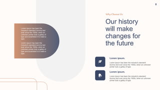 8
WhyChoose Us
Our history
will make
changes for
the future
Lorem Ipsum has been the industry's standard
dummy text ever since the 1500s, when an unknown
printer took a galley of type.
Lorem ipsum.
Lorem Ipsum has been the industry's standard
dummy text ever since the 1500s, when an unknown
printer took a galley of type.
Lorem ipsum.
Lorem Ipsum has been the
industry's standard dummy text
ever since the 1500s, when an
unknown printer took a galley of
type and scrambled it to make a
type.
Lorem Ipsum has been the
industry's standard dummy text
ever since the 1500s, when an
unknown printer took a galley of
type and scrambled it to make a
type.
 