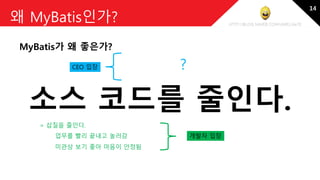 http://blog.naver.com/amelia670
왜 MyBatis인가?
MyBatis가 왜 좋은가?
소스 코드를 줄인다.
미관상 보기 좋아 마음이 안정됨
= 삽질을 줄인다.
개발자 입장업무를 빨리 끝내고 놀러감
CEO 입장 ?
14
 