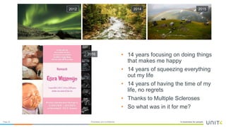 In business for people.Page 20 Proprietary and Confidential
2012 2014 2015
• 14 years focusing on doing things
that makes me happy
• 14 years of squeezing everything
out my life
• 14 years of having the time of my
life, no regrets
• Thanks to Multiple Scleroses
• So what was in it for me?
2016
 