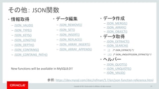 Copyright © 2017, Oracle and/or its affiliates. All rights reserved. 27
その他： JSON関数
• 情報取得
– JSON_VALID()
– JSON_TYPE()
– JSON_KEYS()
– JSON_LENGTH()
– JSON_DEPTH()
– JSON_CONTAINS()
– JSON_CONTAINS_PATH()
• データ編集
– JSON_REMOVE()
– JSON_SET()
– JSON_INSERT()
– JSON_REPLACE()
– JSON_ARRAY_INSERT()
– JSON_ARRAY_APPEND()
• データ作成
– JSON_MERGE()
– JSON_ARRAY()
– JSON_OBJECT()
• データ取得
– JSON_EXTRACT()
– JSON_SEARCH()
– -> /* JSON_EXTRACT() */
– ->> /* JSON_UNQUOTE(JSON_EXTRACT()) */
• ヘルパー
– JSON_QUOTE()
– JSON_UNQUOTE()
– JSON_VALID()
参照: https://dev.mysql.com/doc/refman/5.7/en/json-function-reference.html
New functions will be available in MySQL8.0!!
 
