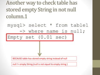 Another way to check table has
stored empty String in not null
column.1
mysql> select * from table1
-> where name is null;
Empty set (0.01 sec)

BECAUSE table has stored empty string instead of null
null != empty String (null is not equal to empty string )

 