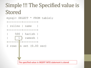 Simple !!! The Specified value is
Stored
mysql> SELECT * FROM table1;
+--------+--------+
| rollno | name
|
+--------+--------+
|
500 | harish |
|
1 | ramesh |
+--------+--------+
2 rows in set (0.00 sec)

The specified value in INSERT INTO statement is stored

 