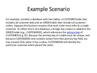 Example Scenario
For example, consider a database with two tables: a CUSTOMER table that
includes all customer data and an ORDER table that includes all customer
orders. Suppose the business requires that each order must refer to a single
customer. To reflect this in the database, a foreign key column is added to the
ORDER table (e.g., CUSTOMERID), which references the primary key of
CUSTOMER (e.g. ID). Because the primary key of a table must be unique, and
because CUSTOMERID only contains values from that primary key field, we
may assume that, when it has a value, CUSTOMERID will identify the
particular customer which placed the order.

 