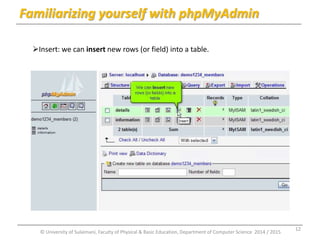 Familiarizing yourself with phpMyAdmin 
Insert: we can insert new rows (or field) into a table. 
© University of Sulaimani, Faculty of Physical & Basic Education, Department of Computer Science 2014 / 2015 
12 
 