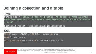 Copyright © 2019, Oracle and/or its affiliates. All rights reserved. |
Joining a collection and a table
42
String sql = "SELECT c.doc->>'$.title' AS title, a.name AS area
FROM foo.contents c LEFT OUTER JOIN foo.area a ON c.doc->>'$.area'
= a.id";
SqlResult result = session.sql(sql).execute();
SELECT c.doc->>'$.title' AS title, a.name AS area
FROM foo.contents c
LEFT OUTER JOIN foo.area a ON c.doc->>'$.area' = a.id
SQL
Java
コンテンツのコレクションから地域を取り出すには doc->>'$.area'を指定します。地域表のIDはidカラムを指定するだけです。
これらの２つの値をLEFT OUTER JOINで結合します。コレクションから値の取り出し方が特殊なだけで表の結合と変りません。
 
