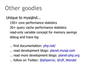 The speaker says... The Replication and Load Balancing plugin (mysqlnd_ms)  has been designed as a drop-in solution. For simple use cases no application changes are required when stepping up from a single MySQL server to a MySQL replication cluster.  Advanced users can overwrite all automatic decisions of the plugin to handle arbitrary complex use cases. Goodies built-in to version 1.1.1 (early - more to come!) include use of master after first write to fight replication lag, transaction awareness and use of master, optional failover.  