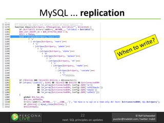 MySQL ... replication




                  22                                      © Ralf Schwoebel
     next: SQL principles on updates   puzzler@tradebit.com / twitter: trabit
 