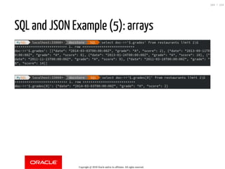 SQL and JSON Example (5): arrays
Copyright @ 2018 Oracle and/or its affiliates. All rights reserved.
104 / 124
 