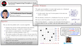 (6, 2)
(7, 5)
(5, 6)
(4, 1)
(3, 7)
(2, 4)
(1, 0)
(0, 3) In online course FP in Scala, the board
coordinates are zero-based, and since
it is obvious that the nth queen is in row
n, a solution is a list of column indices
rather than a list of coordinate pairs.
List(5, 2, 6, 1, 7, 4, 0, 3) @philip_schwarz
 