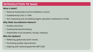 What is NAAC?
• National Assessment and Accreditation Council
• Established by UGC in 1994
• Aim: Assessing and accrediting higher education institutions in India
Why NAAC Accreditation Matters?
• Quality assurance
• Institutional benchmarking
• Stakeholder trust (students, faculty, industry)
Why the Updates?
• Reflecting global education trends
• Promoting quality improvement
• Aligning with national goals like NEP 2020
INTRODUCTION TO NAAC
 