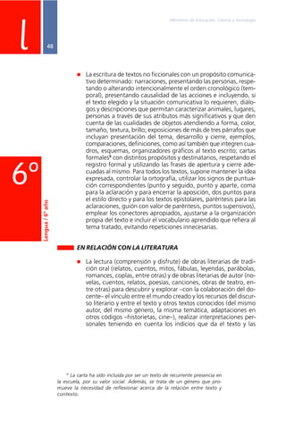 Ministerio de Educación, Ciencia y Tecnología
48l
6º
Lengua/6ºaño
La escritura de textos no ficcionales con un propósito comunica-
tivo determinado: narraciones, presentando las personas, respe-
tando o alterando intencionalmente el orden cronológico (tem-
poral), presentando causalidad de las acciones e incluyendo, si
el texto elegido y la situación comunicativa lo requieren, diálo-
gos y descripciones que permitan caracterizar animales, lugares,
personas a través de sus atributos más significativos y que den
cuenta de las cualidades de objetos atendiendo a forma, color,
tamaño, textura, brillo; exposiciones de más de tres párrafos que
incluyan presentación del tema, desarrollo y cierre, ejemplos,
comparaciones, definiciones, como así también que integren cua-
dros, esquemas, organizadores gráficos al texto escrito; cartas
formales99999
con distintos propósitos y destinatarios, respetando el
registro formal y utilizando las frases de apertura y cierre ade-
cuadas al mismo. Para todos los textos, supone mantener la idea
expresada, controlar la ortografía, utilizar los signos de puntua-
ción correspondientes (punto y seguido, punto y aparte, coma
para la aclaración y para encerrar la aposición, dos puntos para
el estilo directo y para los textos epistolares, paréntesis para las
aclaraciones, guión con valor de paréntesis, puntos supensivos),
emplear los conectores apropiados, ajustarse a la organización
propia del texto e incluir el vocabulario aprendido que refiera al
tema tratado, evitando repeticiones innecesarias.
EN RELACIÓN CON LA LITERATURA
La lectura (comprensión y disfrute) de obras literarias de tradi-
ción oral (relatos, cuentos, mitos, fábulas, leyendas, parábolas,
romances, coplas, entre otras) y de obras literarias de autor (no-
velas, cuentos, relatos, poesías, canciones, obras de teatro, en-
tre otras) para descubrir y explorar –con la colaboración del do-
cente– el vínculo entre el mundo creado y los recursos del discur-
so literario y entre el texto y otros textos conocidos (del mismo
autor, del mismo género, la misma temática, adaptaciones en
otros códigos –historietas, cine–), realizar interpretaciones per-
sonales teniendo en cuenta los indicios que da el texto y las
9
La carta ha sido incluida por ser un texto de recurrente presencia en
la escuela, por su valor social. Además, se trata de un género que pro-
mueve la necesidad de reflexionar acerca de la relación entre texto y
contexto.
 