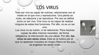 LOS VIRUS
Todo ser vivo es capaz de nutrirse, relacionarse con el
medio en el que vive y reproducirse. Una planta se
nutre, se relaciona y se reproduce. Por eso se define
como un ser vivo. Una roca no es capaz de realizar
ninguna de estas tres funciones. Por ello, no es un ser
vivo.
Los virus no se nutren, ni se relacionan. Para hacerse
copias de ellos mismos necesitan, de forma
obligatoria, la intervención de una célula. Por ello, los
virus no son seres vivos. Este es el motivo por el
que no aparecen incluidos en ningún Reino en los que
se engloban los seres vivos.
 