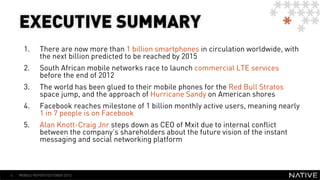 EXECUTIVE SUMMARY
      1.      There are now more than 1 billion smartphones in circulation worldwide, with
              the next billion predicted to be reached by 2015
      2.      South African mobile networks race to launch commercial LTE services
              before the end of 2012
      3.      The world has been glued to their mobile phones for the Red Bull Stratos
              space jump, and the approach of Hurricane Sandy on American shores
      4.      Facebook reaches milestone of 1 billion monthly active users, meaning nearly
              1 in 7 people is on Facebook
      5.      Alan Knott-Craig Jnr steps down as CEO of Mxit due to internal conflict
              between the company’s shareholders about the future vision of the instant
              messaging and social networking platform



4   MOBILE REPORT/OCTOBER 2012
 