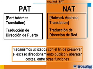 Intro:  NAT | PAT mecanismos utilizados con el fin de preservar el escaso direccionamiento público y abaratar costes, entre otras funciones [Network Address Translation]  Traducción de Dirección de Red [Port Address Translation]  Traducción de Dirección de Puerto NAT PAT 