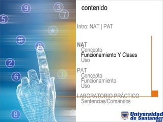 contenido Intro: NAT | PAT NAT Concepto Funcionamiento Y Clases Uso PAT Concepto Funcionamiento Uso LABORATORIO PRÁCTICO Sentencias/Comandos 