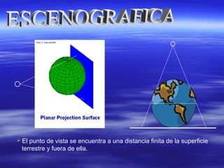  El punto de vista se encuentra a una distancia finita de la superficie
terrestre y fuera de ella.
 