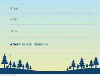 What
Why
How
Where is AUI headed?
?
Tuesday, November 2, 2010
 