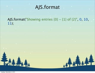 AJS.format("Showing entries {0} - {1} of {2}", 0, 10,
11);
AJS.format
Tuesday, November 2, 2010
 