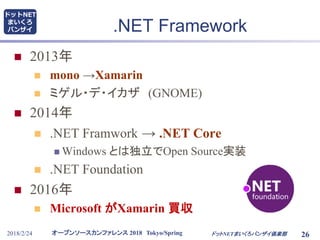 オープンソースカンファレンス 2018 Tokyo/Spring
ドットNET
まいくろ
バンザイ
2018/2/24 26
.NET Framework
 2013年
 mono →Xamarin
 ミゲル・デ・イカザ (GNOME)
 2014年
 .NET Framwork → .NET Core
 Windows とは独立でOpen Source実装
 .NET Foundation
 2016年
 Microsoft がXamarin 買収
ドットNETまいくろバンザイ倶楽部
 