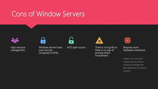 Cons of Window Servers
High resource
management.
Windows servers have
poor security
compared to RHEL.
NOT open source There is no log file so
there is no way of
proving others
involvement
Requires more
hardware investment.
A faster CPU and more
internal memory which is
to extra functionality that
they added due to customer
demand.
 