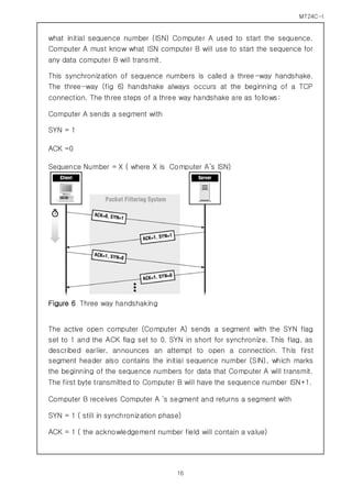 MT24C-I
16
what initial sequence number (ISN) Computer A used to start the sequence.
Computer A must know what ISN computer B will use to start the sequence for
any data computer B will transmit.
This synchronization of sequence numbers is called a three-way handshake.
The three-way (fig 6) handshake always occurs at the beginning of a TCP
connection. The three steps of a three way handshake are as follows:
Computer A sends a segment with
SYN = 1
ACK =0
Sequence Number = X ( where X is Computer A’s ISN)
Figure 6 Three way handshaking
The active open computer (Computer A) sends a segment with the SYN flag
set to 1 and the ACK flag set to 0. SYN in short for synchronize. This flag, as
described earlier, announces an attempt to open a connection. This first
segment header also contains the initial sequence number (SIN), which marks
the beginning of the sequence numbers for data that Computer A will transmit.
The first byte transmitted to Computer B will have the sequence number ISN+1.
Computer B receives Computer A ‘s segment and returns a segment with
SYN = 1 ( still in synchronization phase)
ACK = 1 ( the acknowledgement number field will contain a value)
 