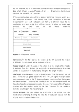 MT24C-I
25
for the Internet. IP is an unreliable connectionless datagram protocol- a
best effort delivery service. IP uses only an error detection mechanism and
discards the packet if it is corrupted.
IP is connectionless protocol for a packet-switching network which uses
the datagram approach. This means that each datagram is handled
independently and each datagram can follow a different route to the
destination and also arrive in a different order. It relies on upper level
protocol to take care of all these problems.
Figure 11 IPV4 packet format
Version (VER): This field defines the version of the IP. Currently the version
is 4 (IPv4). In the future it will be replaced by IPv6.
Header length (HLEN): Because of the option field, the length of the header
is variable. This field defines the length of the datagram header in 4-byte
words. Its value must be multiplied by 4 to give the length in bytes.
Checksum: The checksum in the IP packet covers only the header, not the
data. There are two good reasons for this. First, all higher level protocols
that encapsulate data in the IP datagram have a checksum field that covers
the whole packet. Therefore the checksum for the IP datagram does not
have to check the encapsulation data. Second, the header of the IP packet
changes with each visited router but the data does not. So the checksum
includes only the part that has changed.
Source Address: This field defines the IP address of the source. This field
must remain unchanged during the time the IP datagram travels from the
source host to the destination host.
 