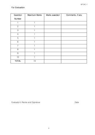 MT24C-I
4
For Evaluation
Question
Number
Maximum Marks Marks awarded Comments, if any
1 1
2 1
3 1
4 1
5 1
6 1
7 1
8 1
9 1
10 1
TOTAL 10
Evaluator’s Name and Signature Date
 