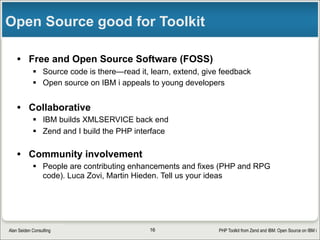 RPG, COBOL,
System Resources
XMLSERVICE
Your PHP code
Toolkit
Toolkit Methods
Sends XML
Toolkit architecture (no extra objects)
Also parses data structures
and more
 