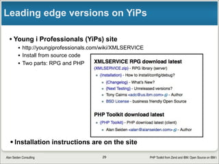 PHP Toolkit from Zend and IBM: Open Source on IBM iAlan Seiden Consulting
Get current PTFs within your release
•Latest DB2 for IBM i group PTF level for your release
§ 6.1: WRKPTFGRP SF99601
§ 7.1: WRKPTFGRP SF99701
§ 7.2: WRKPTFGRP SF99702
§ For the latest levels:  
http://www-947.ibm.com/systems/support/i/fixes/ 
and click Group PTFs
29
 