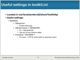 PHP Toolkit from Zend and IBM: Open Source on IBM iAlan Seiden Consulting
GitHub is latest home to the toolkit
• Front-end PHP part of toolkit is now managed on Github
• Community can enter issues, submit pull requests, add examples
• Composer and Packagist…getting close!
• https://github.com/zendtech/IbmiToolkit
33
 
