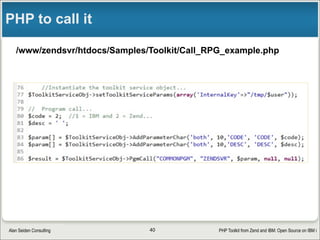 PHP Toolkit from Zend and IBM: Open Source on IBM iAlan Seiden Consulting
More parameter types
AddParameterChar($io, $size, $comment, $varName, $value, $varying, $dimension)
AddParameterInt16($io, $comment, $varName, $value, $dimension) [5i0 ints]
AddParameterInt32($io, $comment, $varName, $value, $dimension) [10i0 ints]
AddParameterInt64($io, $comment, $varName, $value, $dimension)
AddParameterUInt32($io, $comment, $varName, $value,$dimension)
AddParameterUInt64($io, $comment, $varName, $value, $dimension)
AddParameterFloat($io, $comment, $varName, $value, $dimension)
AddParameterReal($io, $comment, $varName, $value, $dimension)
AddParameterPackDec($io, $length, $scale, $comment, $varName, $value,
$dimension)
AddParameterZoned($io, $length, $scale, $comment, $varName, $value,
$dimension)
AddParameterBin($io, $size, $comment, $varName, $value,$dimension)
AddDataStruct(array $parameters, $name='struct_name', $dim, $by, $isArray,
$labelLen)
40
 