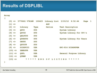 PHP Toolkit from Zend and IBM: Open Source on IBM iAlan Seiden Consulting
Simple command
// CLCommand to add library list entry
$cmdString = ‘ADDLIBLE LIB(ALANLIB)’;
$success = $conn->CLCommand($cmdString);
if($success) {
echo ‘Added library’;
} else {
echo ‘Error: ’ . $conn->getErrorMsg();
}
48
 