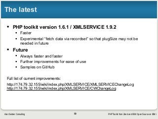 PHP Toolkit from Zend and IBM: Open Source on IBM iAlan Seiden Consulting
The latest
• PHP toolkit version 1.6.1 / XMLSERVICE 1.9.2
§ Faster
§ Experimental “fetch data via recordset” so that plugSize may not be
needed in future
• Future
§ Always faster and faster
§ Further improvements for ease of use
§ Samples on GitHub
Full list of current improvements:
http://174.79.32.155/wiki/index.php/XMLSERVICE/XMLSERVICEChangeLog 
http://174.79.32.155/wiki/index.php/XMLSERVICE/CWChangeLog 
89
 