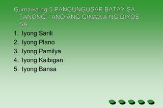 1. Iyong Sarili
2. Iyong Plano
3. Iyong Pamilya
4. Iyong Kaibigan
5. Iyong Bansa
 