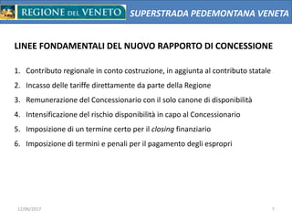 SUPERSTRADA PEDEMONTANA VENETA
LINEE FONDAMENTALI DEL NUOVO RAPPORTO DI CONCESSIONE
1. Contributo regionale in conto costruzione, in aggiunta al contributo statale
2. Incasso delle tariffe direttamente da parte della Regione
3. Remunerazione del Concessionario con il solo canone di disponibilità
4. Intensificazione del rischio disponibilità in capo al Concessionario
5. Imposizione di un termine certo per il closing finanziario
6. Imposizione di termini e penali per il pagamento degli espropri
12/06/2017 7
 