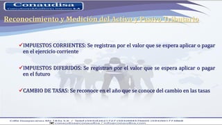 IMPUESTOS CORRIENTES: Se registran por el valor que se espera aplicar o pagar
en el ejercicio corriente
IMPUESTOS DIFERIDOS: Se registran por el valor que se espera aplicar o pagar
en el futuro
CAMBIO DE TASAS: Se reconoce en el año que se conoce del cambio en las tasas
Reconocimiento y Medición del Activo y Pasivo Tributario
 