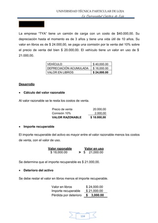 UNIVERSIDAD TÉCNICA PARTICULAR DE LOJA
La Universidad Católica de Loja
La empresa “TYA” tiene un camión de carga con un costo de $40.000,00. Su
depreciación hasta el momento es de 3 años y tiene una vida útil de 10 años. Su
valor en libros es de $ 24.000,00, se paga una comisión por la venta del 10% sobre
el precio de venta del bien $ 20.000,00. El vehículo tiene un
21.000,00.
valor en uso de $
Desarrollo
• Cálculo del valor razonable
Al valor razonable se le resta los costos de venta.
Precio de venta
Comisión 10%
VALOR RAZONABLE
20.000,00
2.000,00
$ 18.000,00
• Importe recuperable
El importe recuperable del activo es mayor entre el valor razonable menos los costos
de venta, con el valor de uso.
Valor razonable Valor en uso
$ 18,000.00 > $ 21,000.00
Se determina que el importe recuperable es $ 21.000,00.
• Deterioro del activo
Se debe restar el valor en libros menos el importe recuperable.
Valor en libros
Importe recuperable
Pérdida por deterioro
$ 24,000.00
$ 21,000.00
$ 3,000.00
104
VEHÍCULO $ 40,000.00
DEPRECIACIÓN ACUMULADA $ 16,000.00
VALOR EN LIBROS $ 24,000.00
Ejemplo 7
 