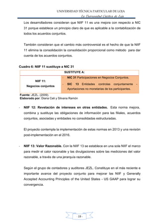 UNIVERSIDAD TÉCNICA PARTICULAR DE LOJA
La Universidad Católica de Loja
Los desarrolladores consideran que NIIF 11 es una mejora con respecto a NIC
31 porque establece un principio claro de que es aplicable a la contabilización de
todos los acuerdos conjuntos.
También consideran que el cambio más controversial es el hecho de que la NIIF
11 elimina la consolidación la consolidación proporcional como método para dar
cuenta de los acuerdos conjuntos.
Cuadro 6: NIIF 11 sustituye a NIC 31
Fuente: JEZL. (2009).
Elaborado por: Diana Celi y Silvana Ramón
NIIF 12: Revelación de intereses en otras entidades. Esta norma mejora,
combina y sustituye las obligaciones de información para las filiales, acuerdos
conjuntos, asociadas y entidades no consolidadas estructuradas.
-
El proyecto contempla la implementación de estas normas en 2013 y una revisión
post-implementación en el 2016.
NIIF 13: Valor Razonable. Con la NIIF 13 se establece en una sola NIIF el marco
para medir el calor razonable y las divulgaciones sobre las mediciones del valor
razonable, a través de una jerarquía razonable.
-
Según el grupo de contadores y auditores JEZL. Constituye en el más reciente e
importante avance del proyecto conjunto para mejorar las NIIF y Generally
Accepted Accounting Principles of the United States - US GAAP para lograr su
convergencia.
- 19 -
SUSTITUYE A:
NIIF 11:
Negocios conjuntos
- NIC 31 Participaciones en Negocios Conjuntos.
- SIC 13 Entidades controlas conjuntamente -
Aportaciones no monetarias de los participantes.
 