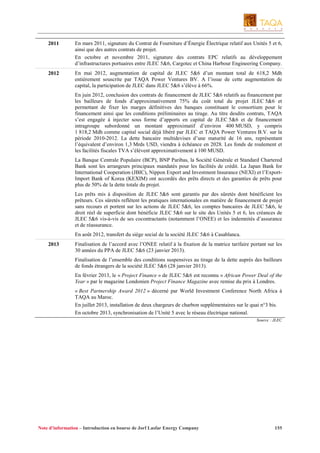 2011

En mars 2011, signature du Contrat de Fourniture d’Énergie Électrique relatif aux Unités 5 et 6,
ainsi que des autres contrats de projet.
En octobre et novembre 2011, signature des contrats EPC relatifs au développement
d’infrastructures portuaires entre JLEC 5&6, Cargotec et China Harbour Engineering Company.

2012

En mai 2012, augmentation de capital de JLEC 5&6 d’un montant total de 618,2 Mdh
entièrement souscrite par TAQA Power Ventures BV. A l’issue de cette augmentation de
capital, la participation de JLEC dans JLEC 5&6 s’élève à 66%.
En juin 2012, conclusion des contrats de financement de JLEC 5&6 relatifs au financement par
les bailleurs de fonds d’approximativement 75% du coût total du projet JLEC 5&6 et
permettant de fixer les marges définitives des banques constituant le consortium pour le
financement ainsi que les conditions préliminaires au tirage. Au titre desdits contrats, TAQA
s’est engagée à injecter sous forme d’apports en capital de JLEC 5&6 et de financement
intragroupe subordonné un montant approximatif d’environ 400 MUSD, y compris
1 818,2 Mdh comme capital social déjà libéré par JLEC et TAQA Power Ventures B.V. sur la
période 2010-2012. La dette bancaire multidevises d’une maturité de 16 ans, représentant
l’équivalent d’environ 1,3 Mrds USD, viendra à échéance en 2028. Les fonds de roulement et
les facilités fiscales TVA s’élèvent approximativement à 100 MUSD.
La Banque Centrale Populaire (BCP), BNP Paribas, la Société Générale et Standard Chartered
Bank sont les arrangeurs principaux mandatés pour les facilités de crédit. La Japan Bank for
International Cooperation (JBIC), Nippon Export and Investment Insurance (NEXI) et l’ExportImport Bank of Korea (KEXIM) ont accordés des prêts directs et des garanties de prêts pour
plus de 50% de la dette totale du projet.
Les prêts mis à disposition de JLEC 5&6 sont garantis par des sûretés dont bénéficient les
prêteurs. Ces sûretés reflètent les pratiques internationales en matière de financement de projet
sans recours et portent sur les actions de JLEC 5&6, les comptes bancaires de JLEC 5&6, le
droit réel de superficie dont bénéficie JLEC 5&6 sur le site des Unités 5 et 6, les créances de
JLEC 5&6 vis-à-vis de ses cocontractants (notamment l’ONEE) et les indemnités d’assurance
et de réassurance.
En août 2012, transfert du siège social de la société JLEC 5&6 à Casablanca.

2013

Finalisation de l’accord avec l’ONEE relatif à la fixation de la matrice tarifaire portant sur les
30 années du PPA de JLEC 5&6 (23 janvier 2013).
Finalisation de l’ensemble des conditions suspensives au tirage de la dette auprès des bailleurs
de fonds étrangers de la société JLEC 5&6 (28 janvier 2013).
En février 2013, le « Project Finance » de JLEC 5&6 est reconnu « African Power Deal of the
Year » par le magazine Londonien Project Finance Magazine avec remise du prix à Londres.
« Best Partnership Award 2012 » décerné par World Investment Conference North Africa à
TAQA au Maroc.
En juillet 2013, installation de deux chargeurs de charbon supplémentaires sur le quai n°3 bis.
En octobre 2013, synchronisation de l’Unité 5 avec le réseau électrique national.
Source : JLEC

Note d’information – Introduction en bourse de Jorf Lasfar Energy Company

155

 