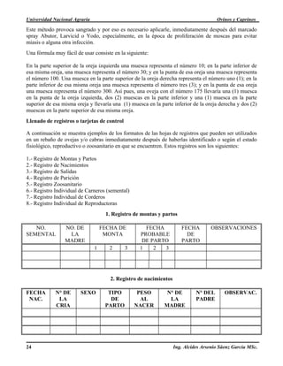 Universidad Nacional Agraria Ovinos y Caprinos
Ing. Alcides Arsenio Sáenz García MSc.
24
Este método provoca sangrado y por eso es necesario aplicarle, inmediatamente después del marcado
spray Abutor, Larvicid o Yodo, especialmente, en la época de proliferación de moscas para evitar
miasis o alguna otra infección.
Una fórmula muy fácil de usar consiste en la siguiente:
En la parte superior de la oreja izquierda una muesca representa el número 10; en la parte inferior de
esa misma oreja, una muesca representa el número 30; y en la punta de esa oreja una muesca representa
el número 100. Una muesca en la parte superior de la oreja derecha representa el número uno (1); en la
parte inferior de esa misma oreja una muesca representa el número tres (3); y en la punta de esa oreja
una muesca representa el número 300. Así pues, una oveja con el número 175 llevaría una (1) muesca
en la punta de la oreja izquierda, dos (2) muescas en la parte inferior y una (1) muesca en la parte
superior de esa misma oreja y llevaría una (1) muesca en la parte inferior de la oreja derecha y dos (2)
muescas en la parte superior de esa misma oreja.
Llenado de registros o tarjetas de control
A continuación se muestra ejemplos de los formatos de las hojas de registros que pueden ser utilizados
en un rebaño de ovejas y/o cabras inmediatamente después de haberlas identificado o según el estado
fisiológico, reproductivo o zoosanitario en que se encuentren. Estos registros son los siguientes:
1.- Registro de Montas y Partos
2.- Registro de Nacimientos
3.- Registro de Salidas
4.- Registro de Parición
5.- Registro Zoosanitario
6.- Registro Individual de Carneros (semental)
7.- Registro Individual de Corderos
8.- Registro Individual de Reproductoras
1. Registro de montas y partos
NO.
SEMENTAL
NO. DE
LA
MADRE
FECHA DE
MONTA
FECHA
PROBABLE
DE PARTO
FECHA
DE
PARTO
OBSERVACIONES
1 2 3 1 2 3
2. Registro de nacimientos
FECHA
NAC.
N° DE
LA
CRIA
SEXO TIPO
DE
PARTO
PESO
AL
NACER
N° DE
LA
MADRE
N° DEL
PADRE
OBSERVAC.
 