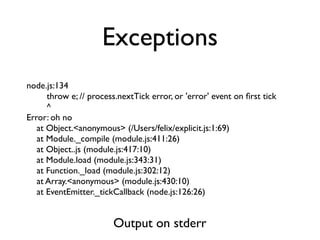 Exceptions
node.js:134
      throw e; // process.nextTick error, or 'error' event on ﬁrst tick
      ^
Error: oh no
   at Object.<anonymous> (/Users/felix/explicit.js:1:69)
   at Module._compile (module.js:411:26)
   at Object..js (module.js:417:10)
   at Module.load (module.js:343:31)
   at Function._load (module.js:302:12)
   at Array.<anonymous> (module.js:430:10)
   at EventEmitter._tickCallback (node.js:126:26)


                        Output on stderr
 