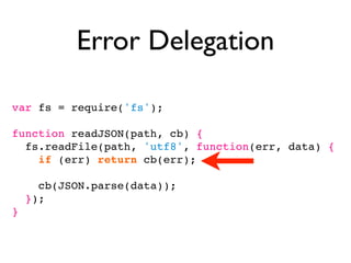Error Delegation

var fs = require('fs');

function readJSON(path, cb) {
  fs.readFile(path, 'utf8', function(err, data) {
    if (err) return cb(err);

      cb(JSON.parse(data));
    });
}
 