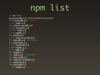 npm list
~/ npm list
my_project@0.1.0 /Users/mikebre/my_project
!"# cluster@0.6.9 invalid
$ %"" log@1.2.0
!"# connect-gzip@0.1.0
$ !"# connect@1.4.6
$ $ %"" qs@0.1.0
$ %"" mime@1.2.2
!"# date@1.0.1
$ %"" require-kiss@1.0.5
!"" docco@0.3.0 extraneous
!"# express@2.3.2
$ !"" connect@1.4.6
$ !"" mime@1.2.2
$ %"" qs@0.1.0
!"" hbs@0.0.7
!"" log@1.1.0 extraneous
!"" metrics@0.1.1
!"" request-forked@1.9.8
!"" semver@1.0.6 invalid
%"# xml2js@0.1.6
  %"" sax@0.1.4
 