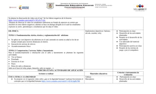 Se plantea la observación de video con el top 7 de los lideres negativos de la historia
https://www.youtube.com/watch?v=5P-zYv7-e5s
Después de observar el video los estudiantes elaboraran un listado de aspectos en común que
encontró en estos líderes negativos, además se hace un dialogo dirigido en el cuál los estudiantes
expresen su sentir, aprendizajes y enseñanzas que les deja el video.
ED. FISICA
TEMA 1: Fundamentación, táctica, técnica y reglamentación del atletismo
 Se aplica un test deportivo de atletismo en el cual, teniendo en cuenta su edad se les da un
tiempo estiado para recorrer distancias en metros.
 Ejecución de carreras de relevos
 Acondicionamiento físico
TEMA 2: Competencias, Carreras, Saltos y lanzamiento
Para el acondicionamiento e interacción con el salto y lanzamiento se plantean las siguiente
actividades
 Tiro al blanco
 Ponchado
 Encesta en el aro
 Pases
 Retos de salto a distancias
Salto en el lazo (el reloj, pique, duración, salto en equipo…)
Implementos deportivos: balones,
ula ula, cuerdas, reloj
● Participación en clase
● Desarrollo de las actividades
planteadas
● Respeto en el desarrollo de las
actividades.
● Uso adecuado del material
deportivo
● Participación asertiva en clase
● Respeto de las normas de
juego y por el compañero.
TERCERA ETAPA: ACTIVIDADES DE APLICACIÓN
Acciones a realizar Materiales educativos
Criterios e instrumentos de
evaluación
ÉTICA TEMA 1: LA DIGNIDAD
● Se propone ver el siguiente video sobre ¿que es la dignidad humana? explican brevemente el
concepto que es la dignidad humana https://www.youtube.com/watch?v=d5ACdgIK7B8
Tablero
Marcadores
● Participación en clase
● Desarrollo de las actividades
planteadas
 